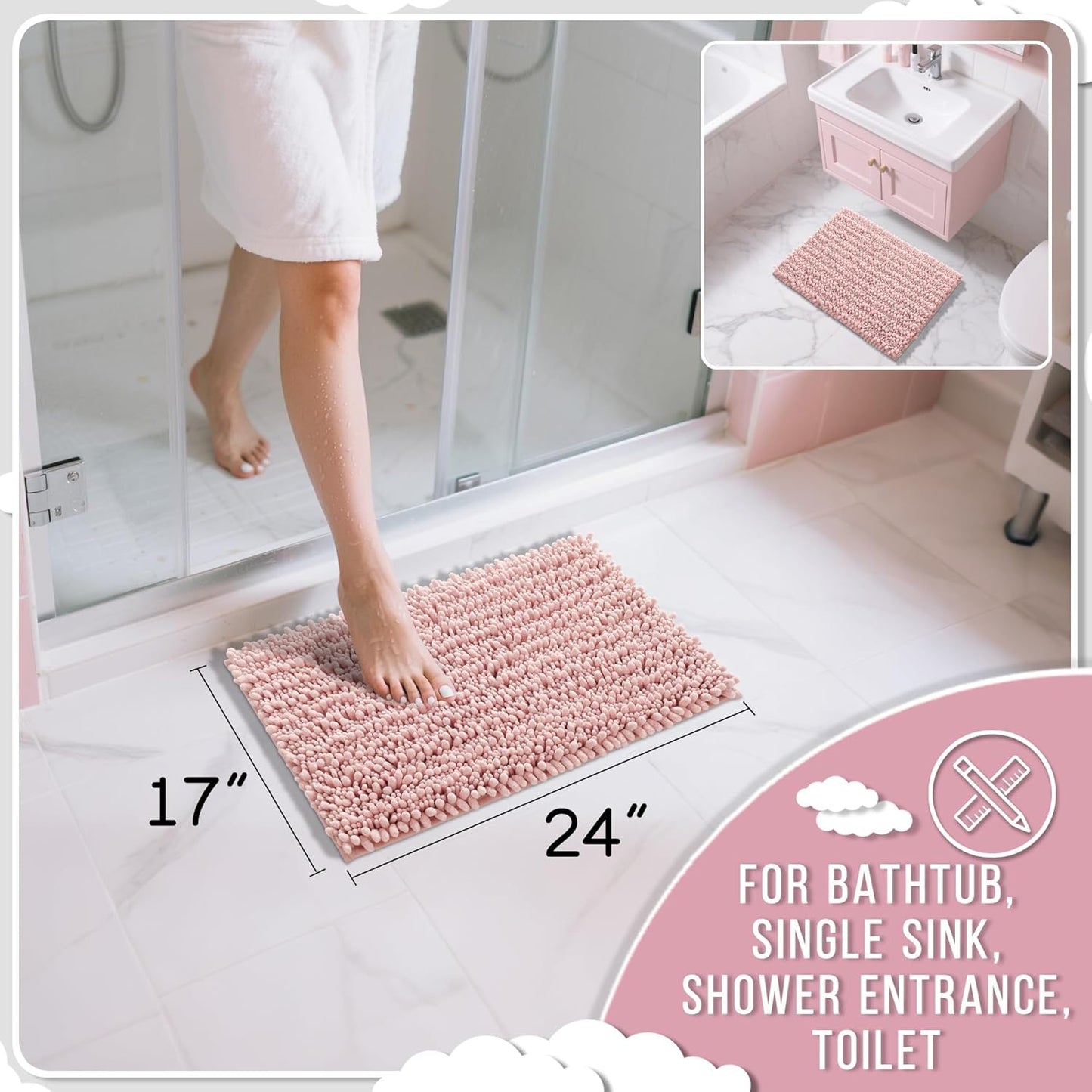 Yimobra Bathroom Rugs Non Slip Washable 24x17 Inch - Ultra Soft Absorbent Chenille Bath Mat, Quick Dry Shaggy Floor Carpet for Tub Shower, Light Pink Home Decor Accessories