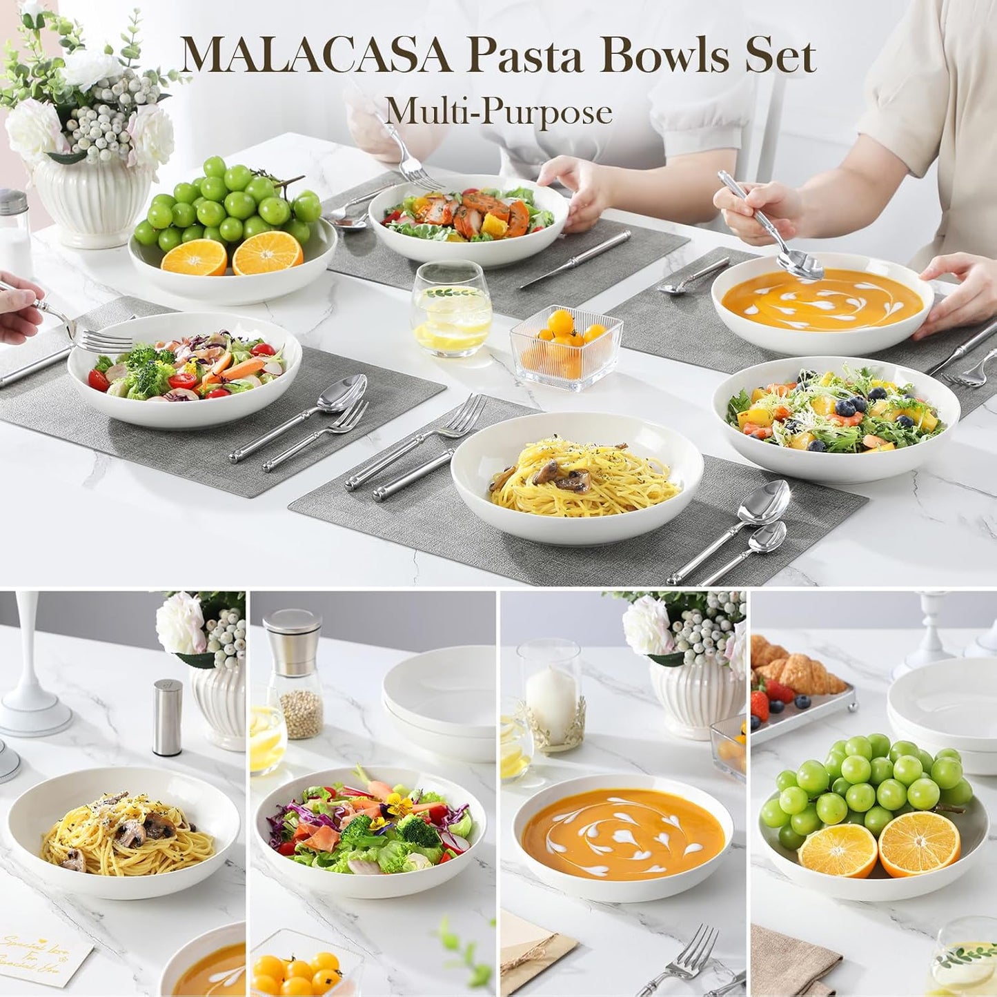 MALACASA 8.85" Large Pasta Bowls, 42 OZ White Salad Bowls Soup Bowls, Porcelain Serving Bowls Set of 6, Large Kitchen Bowl Plates Pasta Plates, Microwave & Dishwasher Safe, Series REGULAR