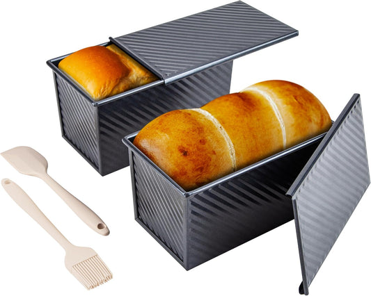 CARTMAN Bread Loaf Pan 2 Pack, 9x4 Pullman Loaf Pan with lid and a Silicone Spatula and Basting Pastry Brush, 1 lb Dough Capacity,Non-Stick Carbon Steel bread pans for homemade bread