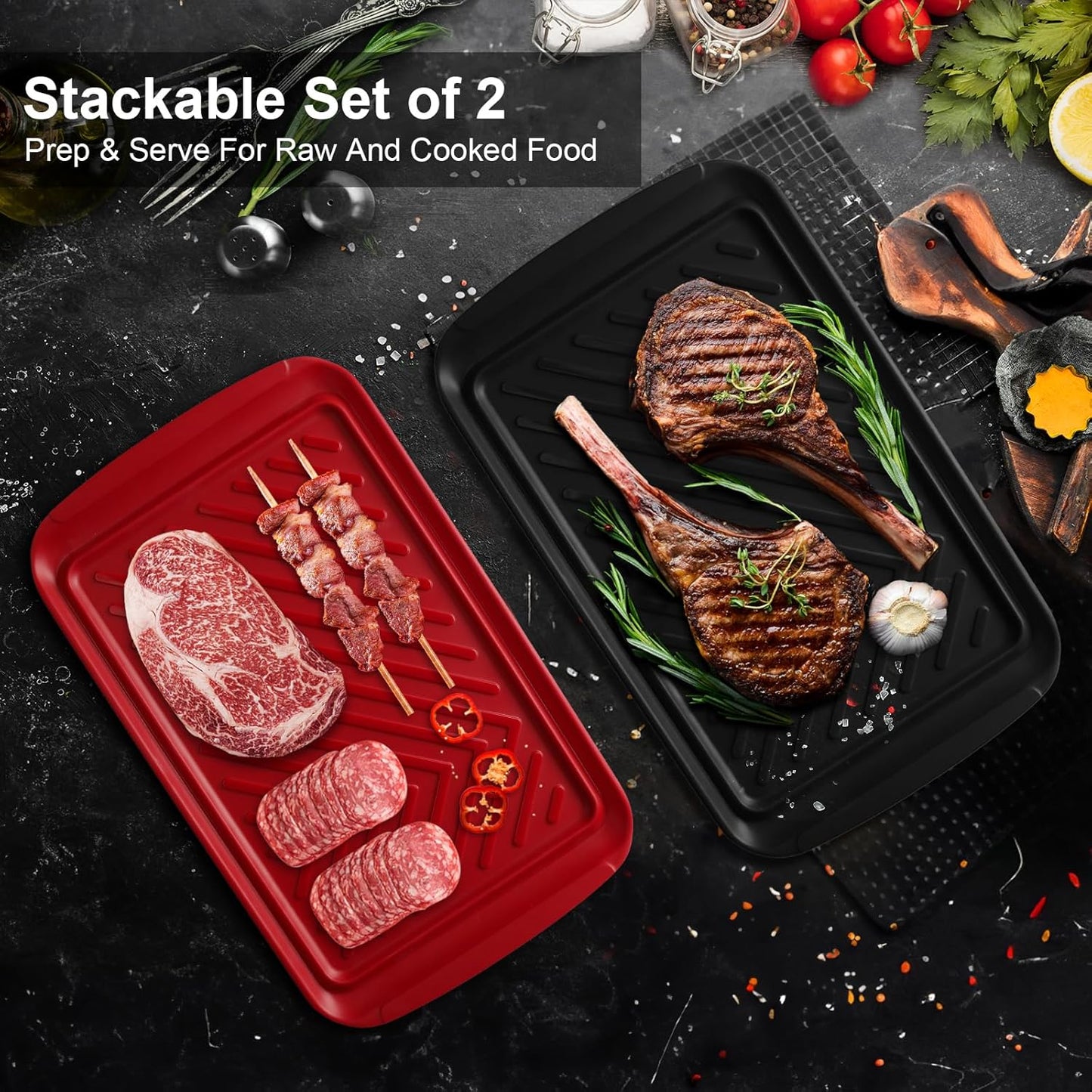 LEHAHA Grilling Prep Trays, Melamine BBQ Prep and Serving Platters and Tray for Outdoor Entertaining, Large Food Serving Trays, Set of 2, 17.2" x 10.5",Great for Grilling Lovers,Black and Red