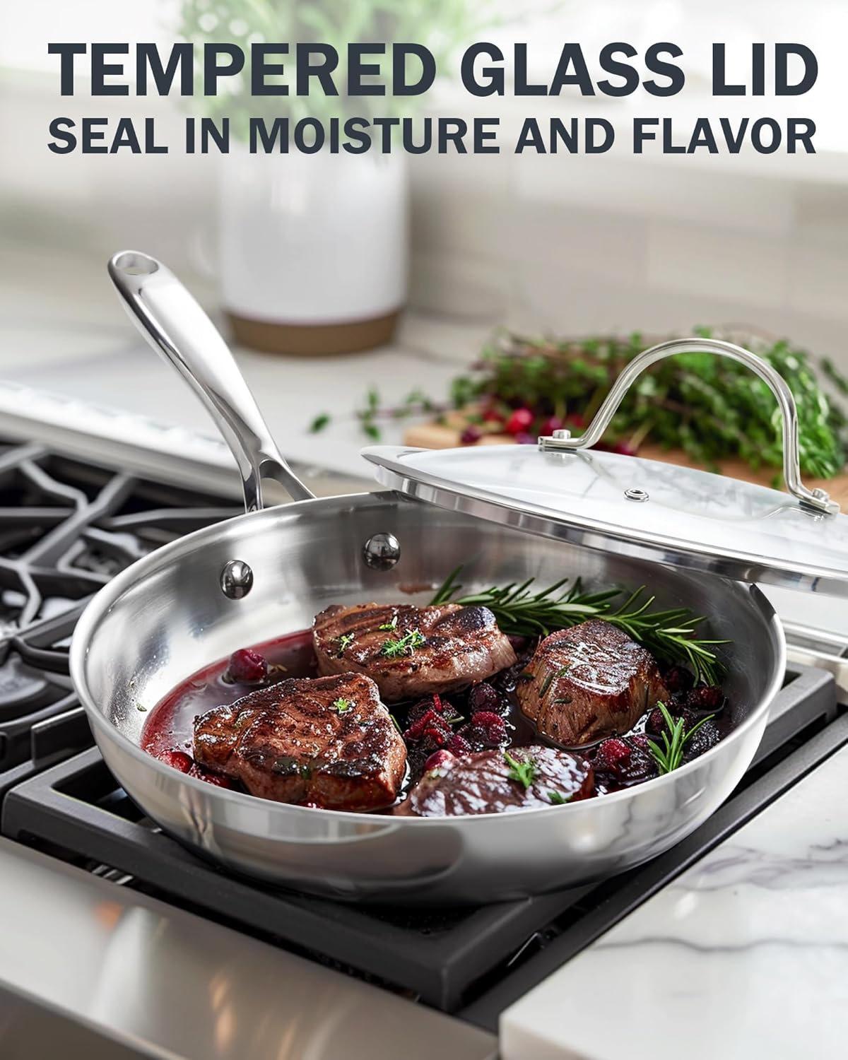 Cooks Standard Stainless Steel Frying Pan with Lid, 10-Inch Multi-Ply Clad Wok Stir Fry Pan, Kitchen Skillet, Silver