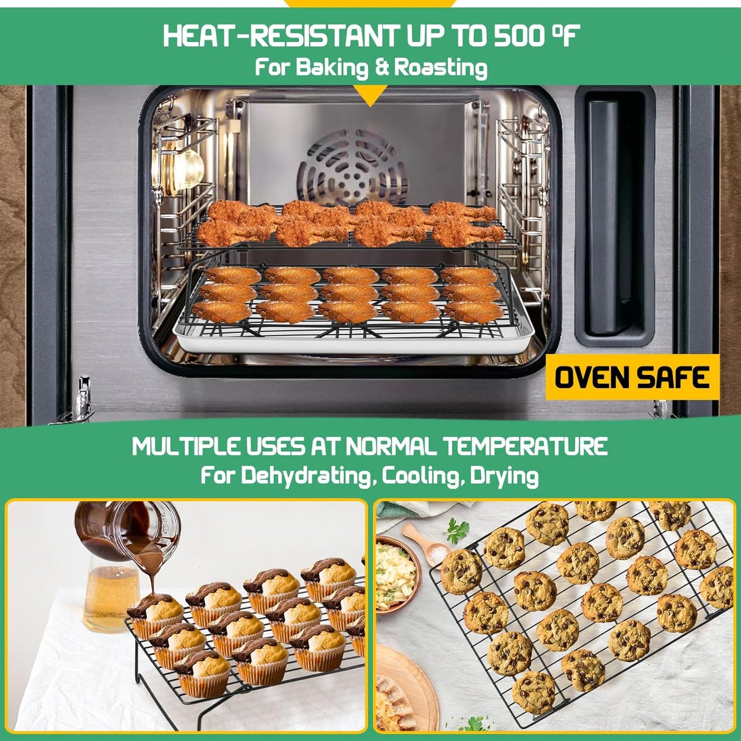 P&P CHEF Cooling Rack Set of 2, 2-Tier Stackable Stainless Steel Wire Racks for Baking Cooking Cooling Roasting, Collapsible & Heavy Duty, Oven Safe & Easy Clean, 15" x 10", Black