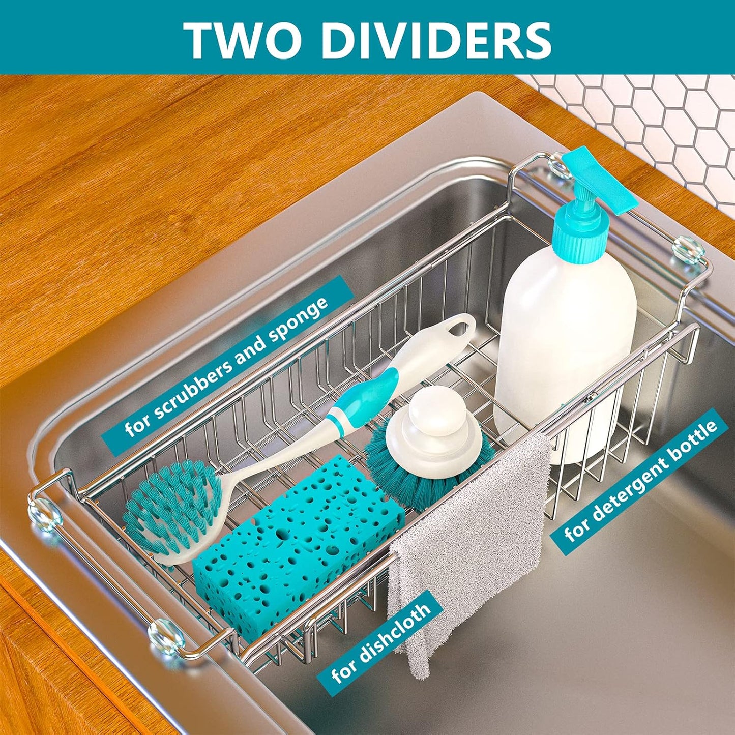 Over The Kitchen Sink Caddy Sponge Holder Organizer Drying Rack Expandable for Sponge Brush Soap Dish Cloth Rag 14.5" to 22", Stainless Steel