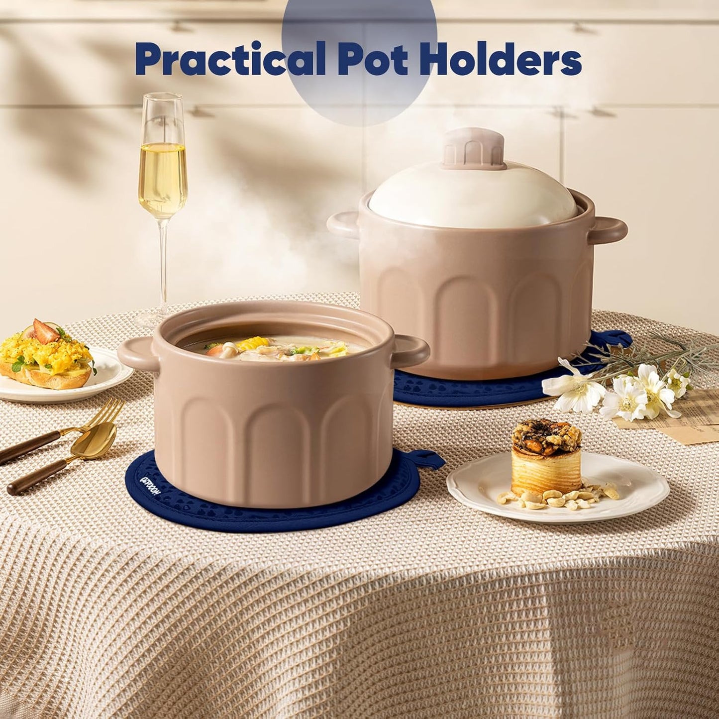 Oven Mitts and Pot Holders 4 Sets, Heat Resistant 500 ℉ Oven Mitt and Pot Holder,Oven Glove&Potholders with Non-Slip Silicone Surface,Kitchen Essentials for Cooking/Baking/BBQ-Marine Blue