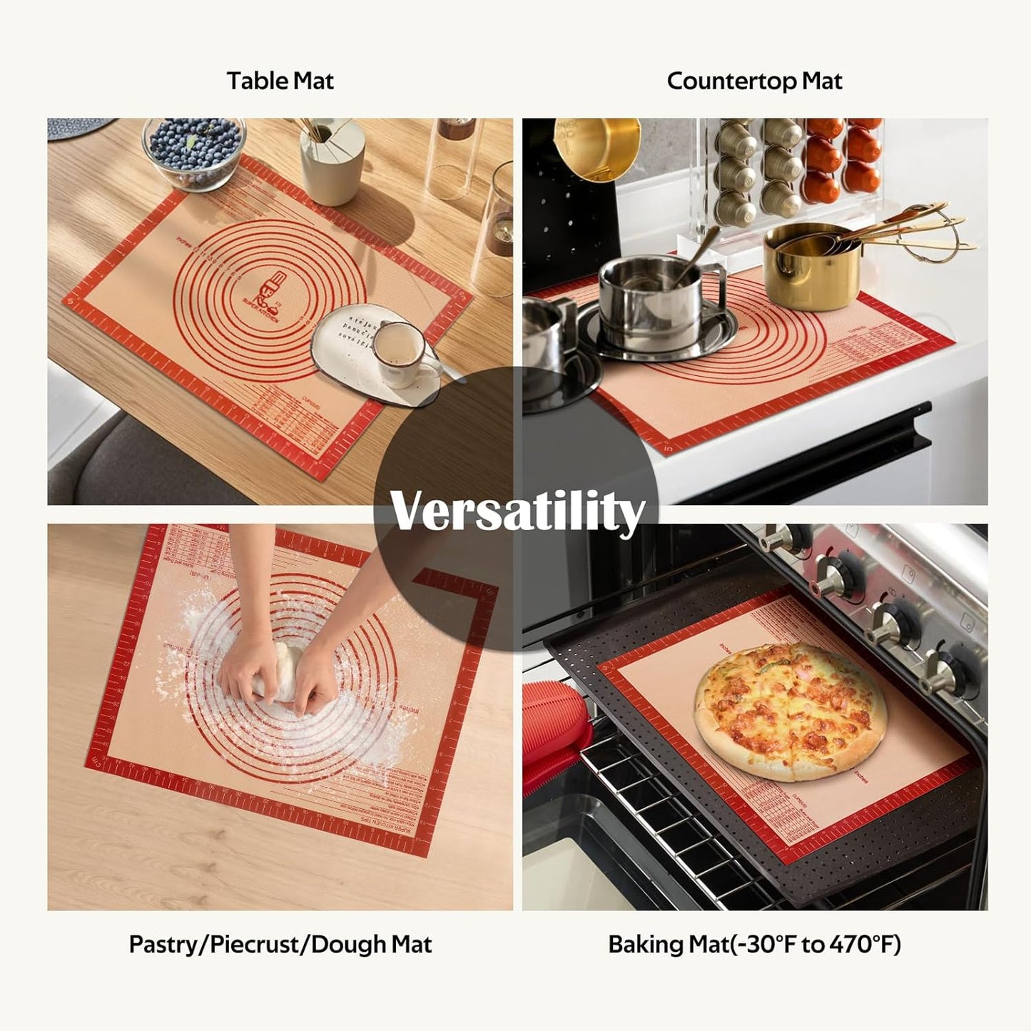 Extra Thick Silicone Pastry Mat Large for NonStick Silicone Baking Mat with Measurement，for Kneading, Fondant/Counter Pad, Dough Rolling, Silicon Cookie Sheet, Pie Crust Bake(16×24, Red)