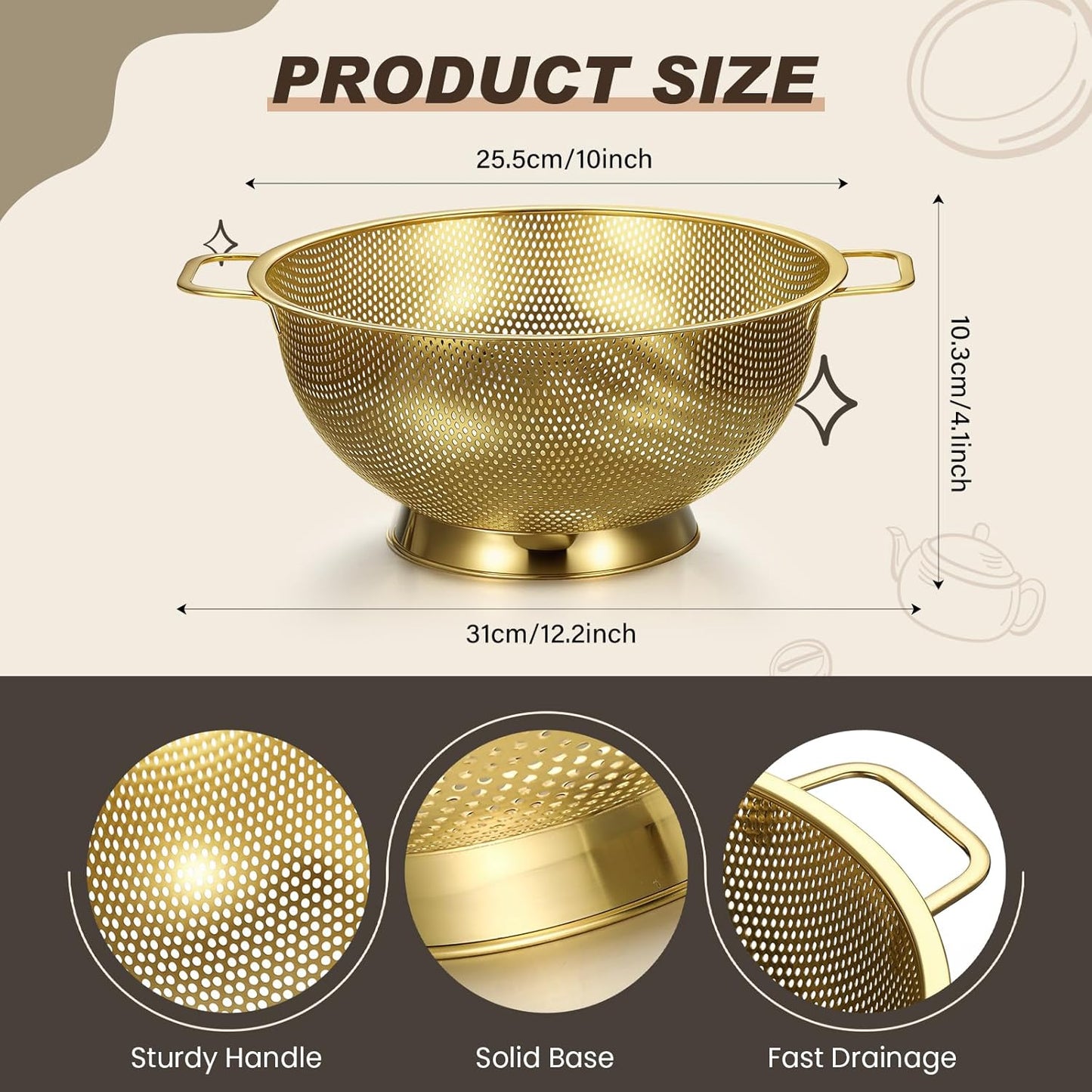 Norme 4 Quart Stainless Steel Gold Colander and 3 Pcs Gold Fine Mesh Strainer, Stainless Steel Pasta Rice Food Metal Strainer with Handles, Easy Clean and Dishwasher Safe
