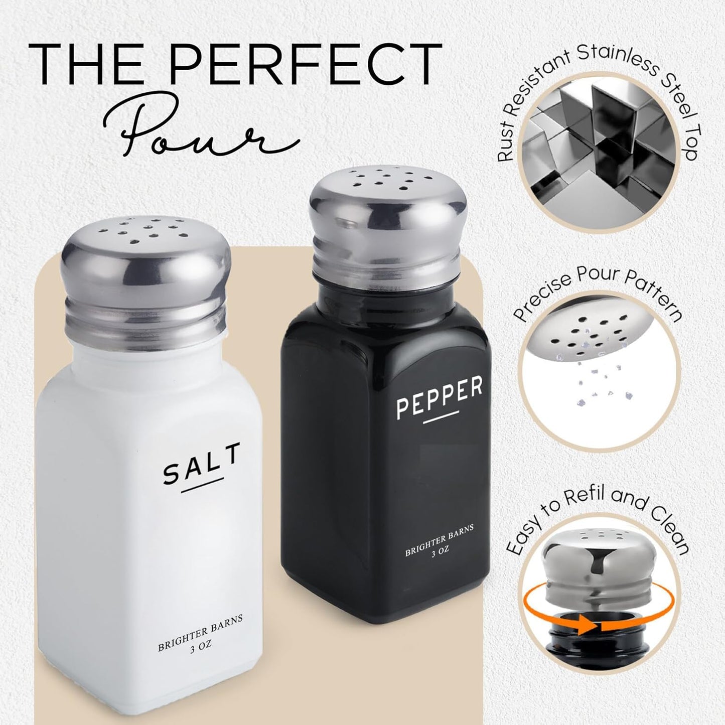 Farmhouse Salt and Pepper Shakers Set with Holder by Brighter Barns - Modern Kitchen Decor and Accessories, Dining Table Decor - Cute Glass Salt Shaker with Caddy for Restaurants, Gifts (Black/White)