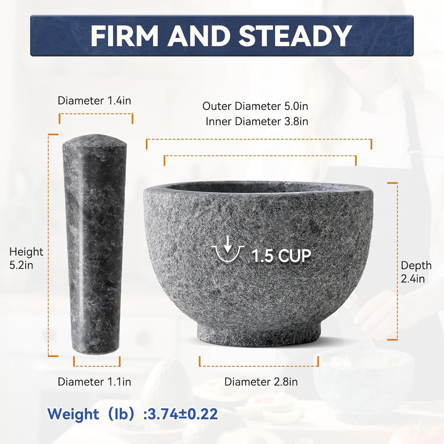 Koville African Natural Granite Mortar and Pestle Set, Grinder Bowl for Guacamole, Salsa, Pill Crusher, Spice, Herb, Garlic, Nut, Heavy Duty Grinder for Kitchen (Sandblasted Finish)