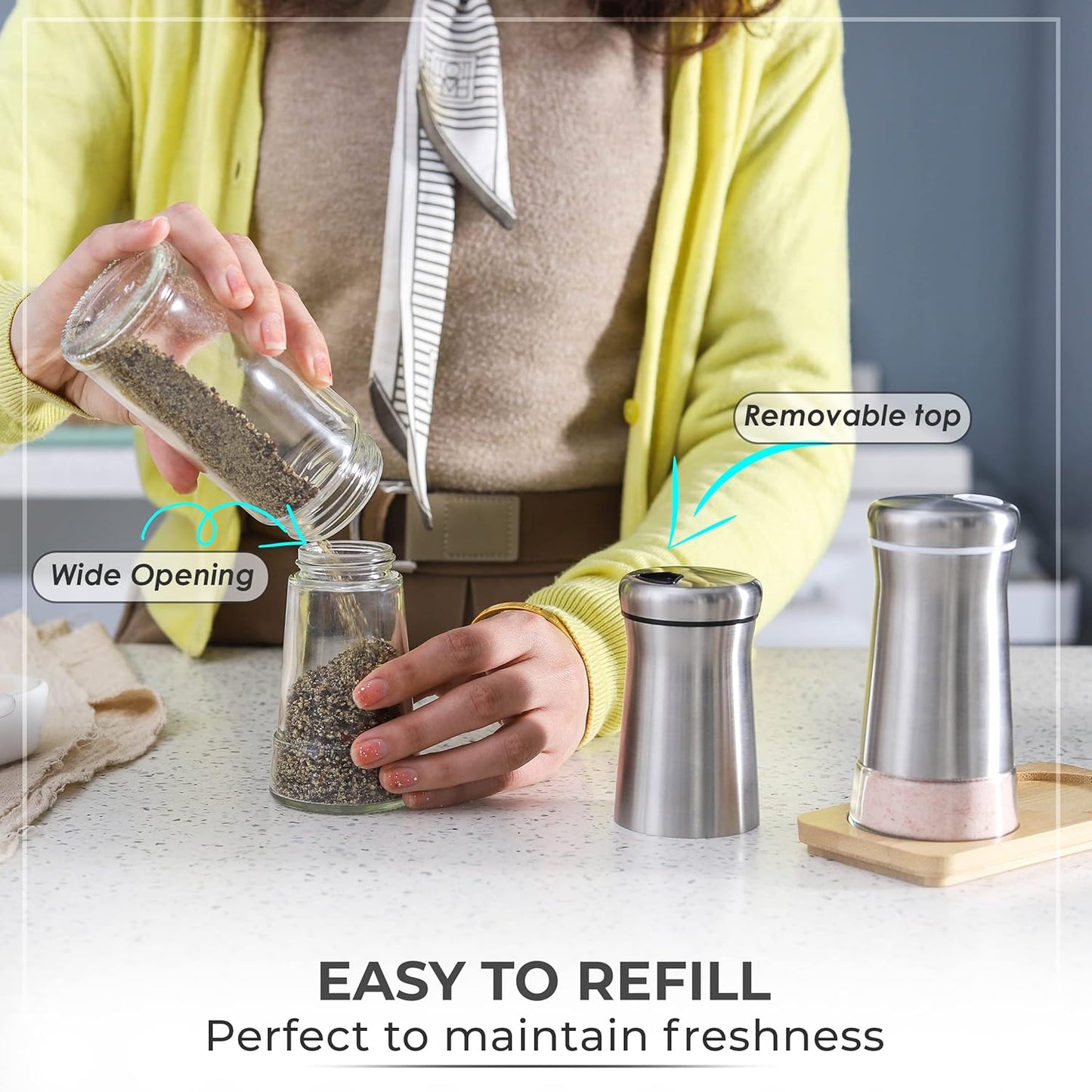 Salt and Pepper Shakers set with Adjustable Pour Holes - Elegant Stainless Steel Spice Dispenser - Perfect for Himalayan, Table Salt, White and Black Pepper (Salt & Pepper Shakers Set + Bamboo Stand)