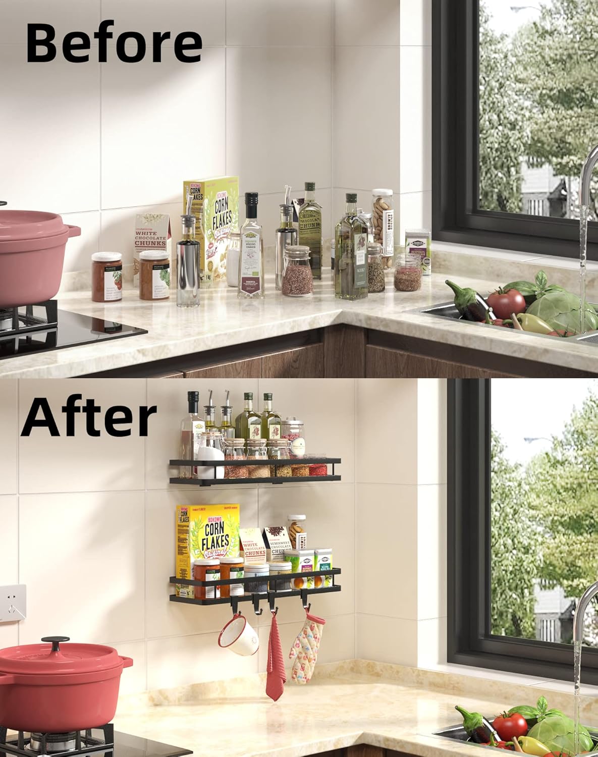 Spice Rack Organizer Wall Mount - 15.7in 2Pack [Upgraded Version] Hanging Seasoning Organizer Shelf with Paper Towel Holder, Storage for Cabinet or Wall Mounted with 4 Strong Hooks (Simple black)