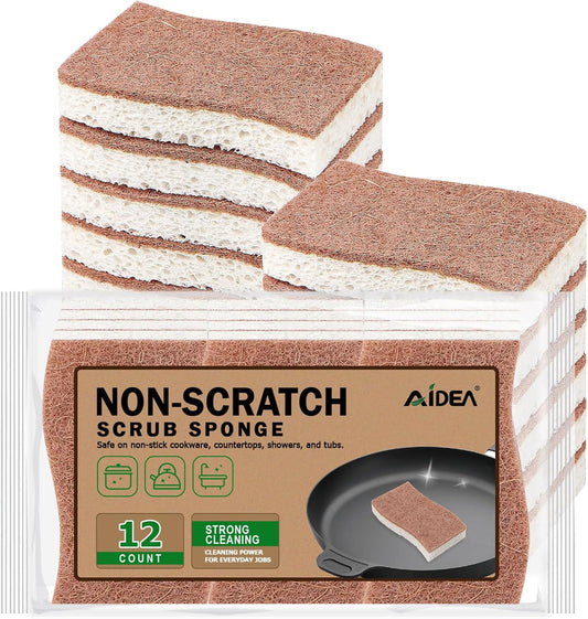 AIDEA Sponges Non Scratch, 12Count, Natural Sponge for Non Stick Cookware, Sponges Kitchen, Cellulose Scrub Sponge for Dishes, Cleaning Power for Kitchen, Bathroom, Household