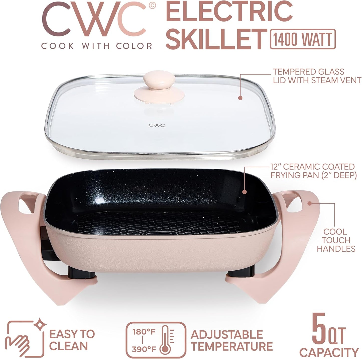 COOK WITH COLOR Electric Skillet - 12" x 12" Ceramic Nonstick Pan, PFAS-Free, 1400W, Tempered Glass Lid, Variable Temperature, Removable Heating Probe, Cool-Touch Handles, Blush