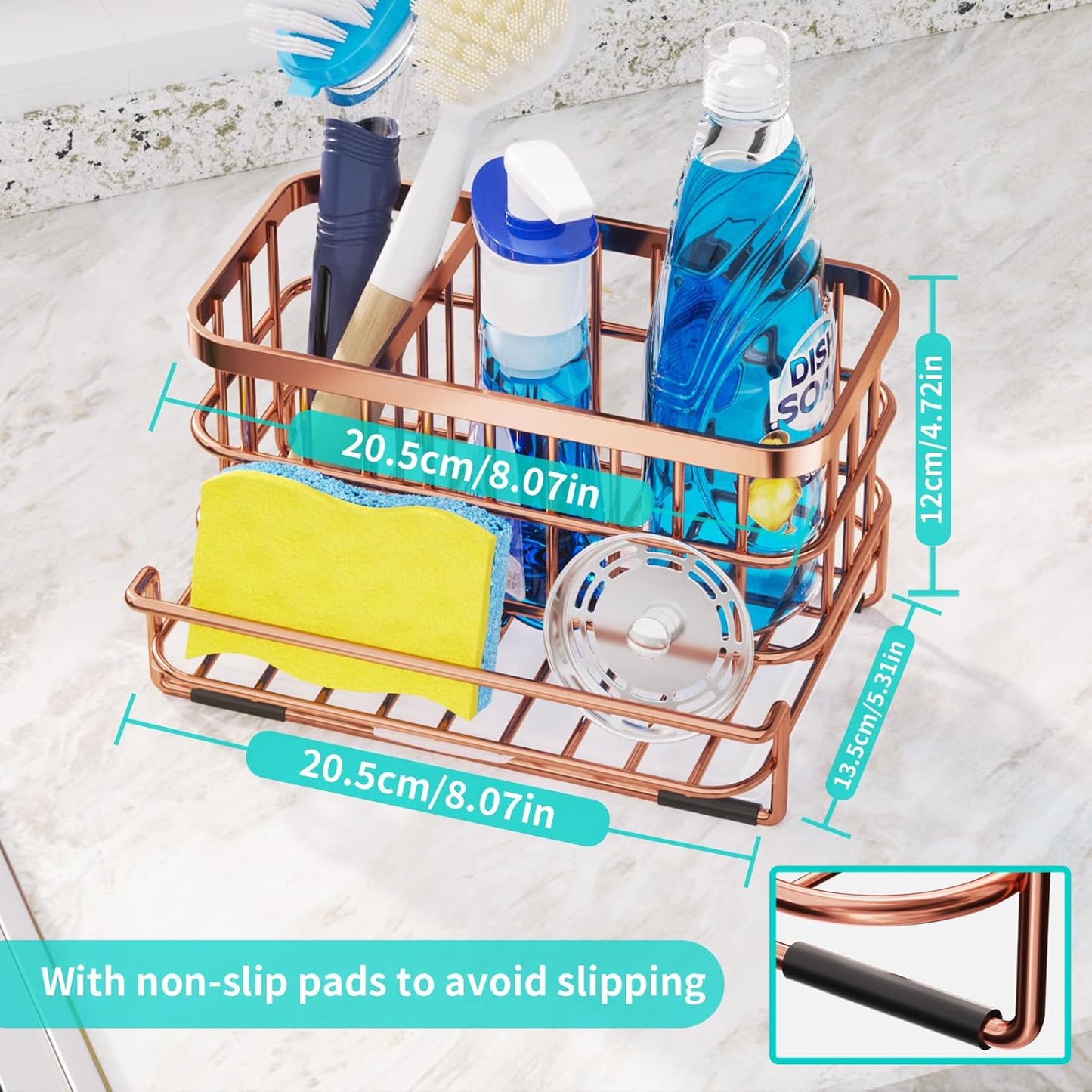 HapiRm Multifunctional Kitchen Sink Organizer, Large Sink Caddy with Drain Tray, SUS304 Stainless Steel Rustproof Sponge Holder for Kitchen Countertop - Rose Gold