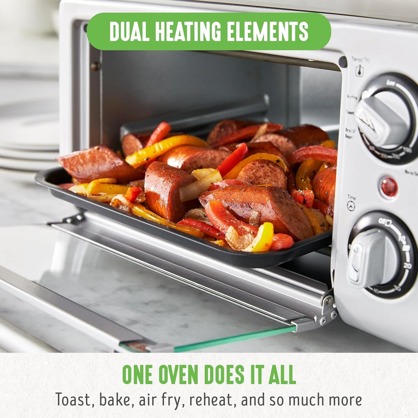 GreenLife Countertop Toaster Oven Air Fryer Stainless Steel, Healthy Ceramic Nonstick, PFAS and PFOA-Free, Tray & Basket, Bake, Broil, Reheat, Adjustable Temp & Time Control, Auto Shutoff, Black