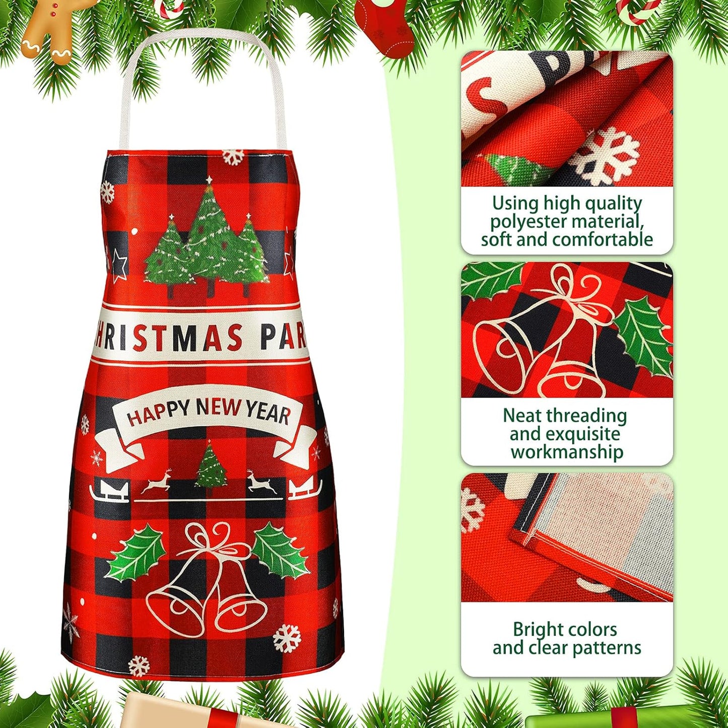 SATINIOR 4 Pcs Christmas Aprons Adjustable Kitchen Cooking Aprons Xmas Buffalo Plaid Merry Christmas BBQ Bib for Adults