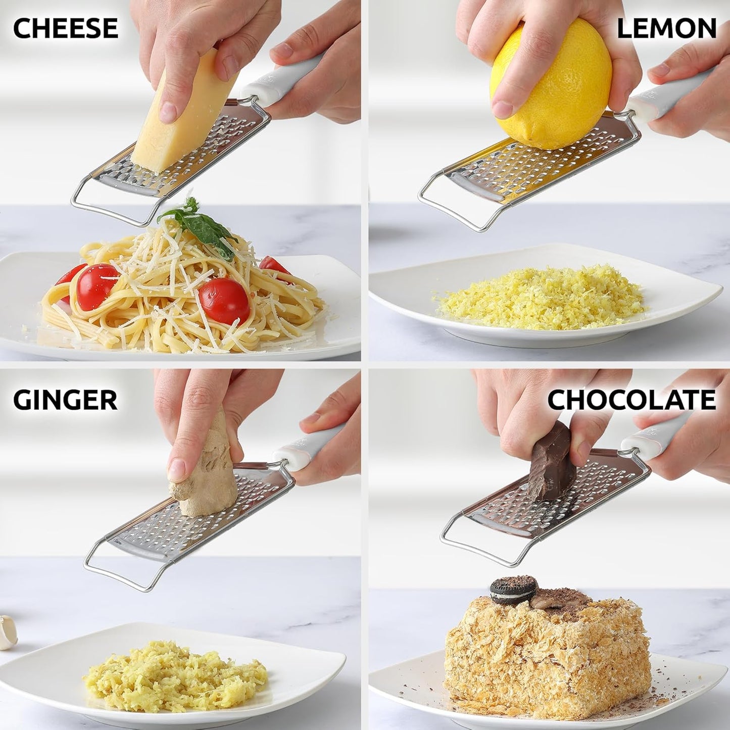 Zulay Kitchen Professional Cheese Grater Stainless Steel - Durable Rust-Proof Metal Lemon Zester Grater With Handle - Flat Handheld Grater For Cheese, Chocolate, Spices, And More - White