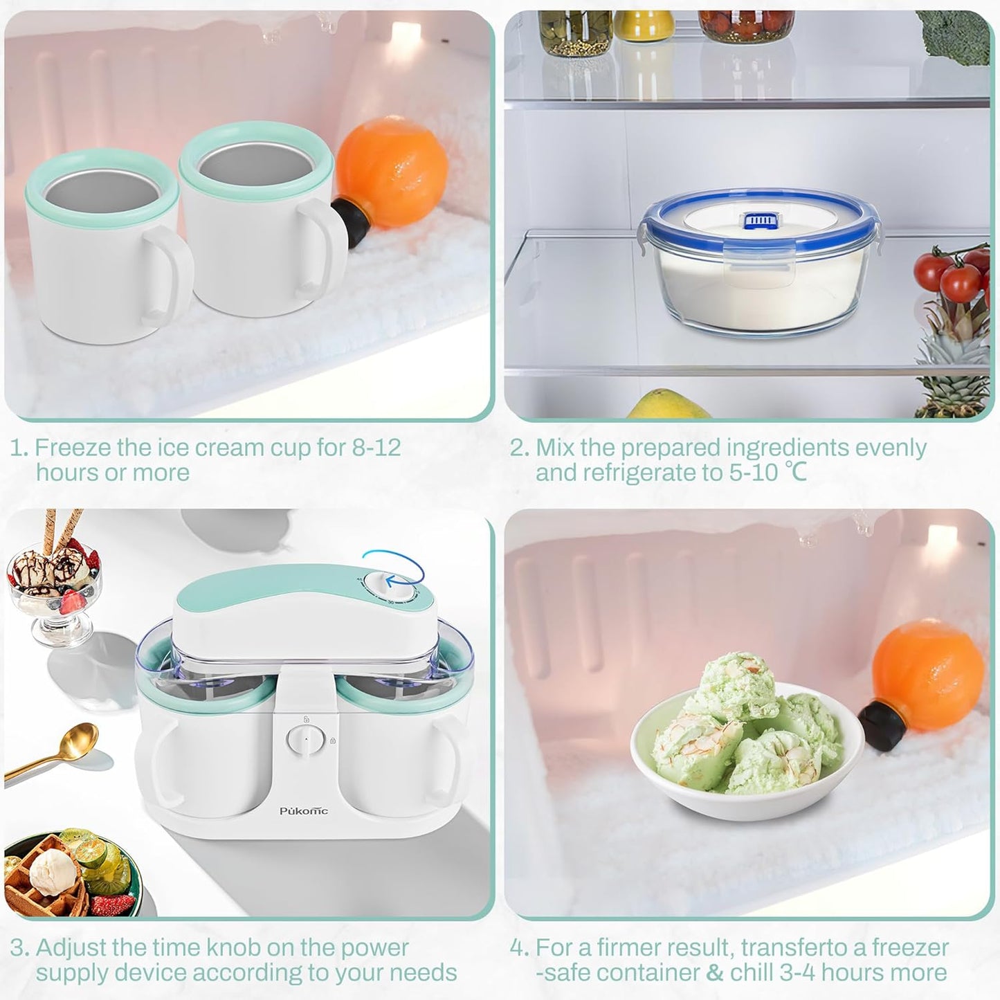 Pukomc Ice Cream Maker Machine for Home Use, with Two Ice Cream Bowls,Simple Operation and Easy to Clean,White Green