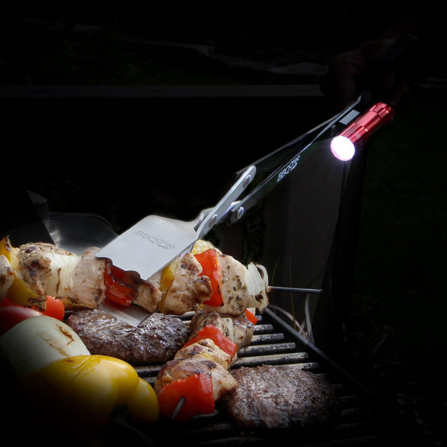 BBQCroc 3-in-1 Barbecue Tool 21-inch - Extra Light and Long Tongs, Spatula and Grill Scraper (Black) (21 inch with Flashlight)