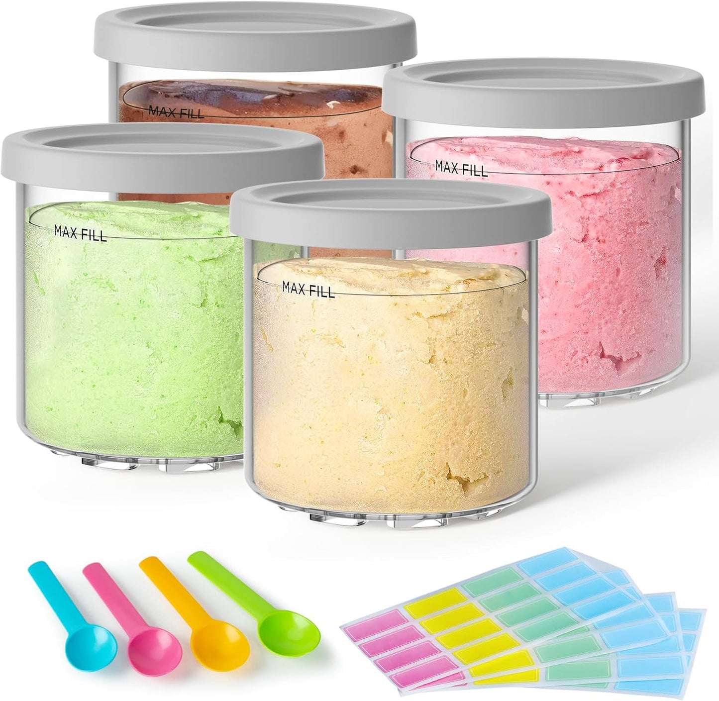 4 Pack Creami Pint Containers and Lids for Ninja with 4 spoons and writable labels, Compatible with Ninja NC299 NC300 NC301 Series Creami Maker Machine Accessories, BPA Free & Dishwasher Safe, Grey