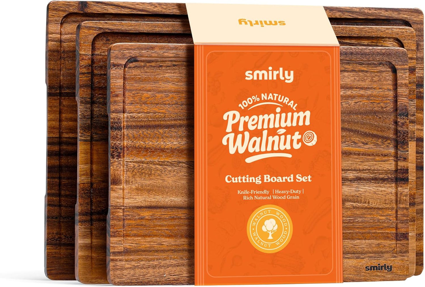 SMIRLY Walnut Wood Cutting Boards for Kitchen, Set of 3 Large - Small, Walnut Wooden Cutting Board Set with Deep Juice Grooves, Non Toxic Serving Tray