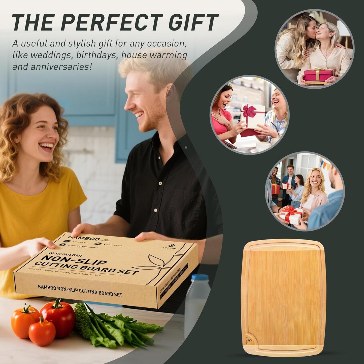 Bamboo Cutting Board Set Non Slip Feet with Holder Over Sink Men Birthday Christmas Valentines Father Day Gifts Ideal from Wife Romantic Anniversary Best Cool Gadget Awesome Who Have Everything