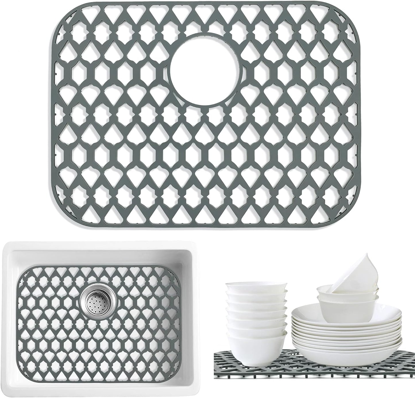Sink Protectors for Bottom of Kitchen Sink 13x11 &16x12 &21x16 &22x13 &24x13 &26x14 &28x14 &30x16, Large Farmhouse Silicone Mats Grid (19”x14”, Rear Drain)