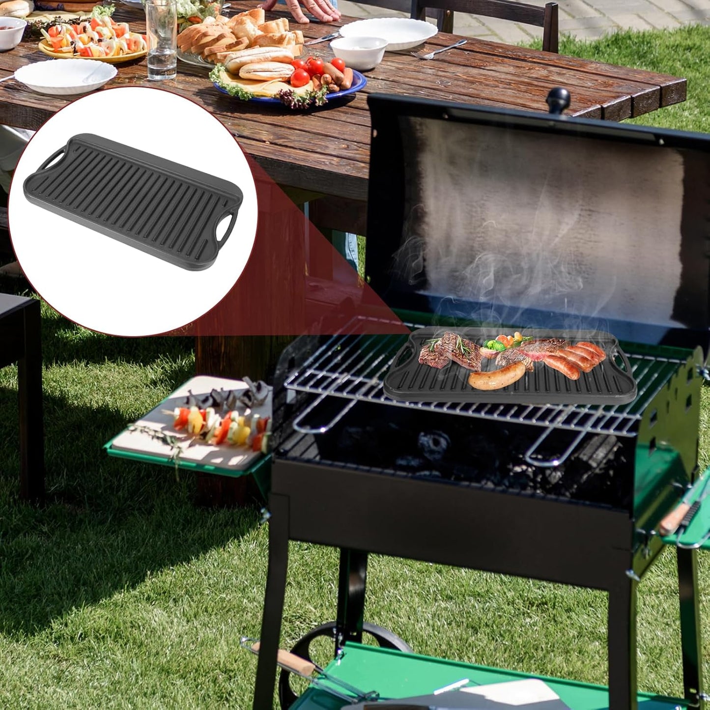 Cast Iron Reversible Grill/Griddle Pan - 17"x10" Pre-Seasoned Rectangular Double Sided Griddle Plate for Gas Stove, Oven, Camping, Indoor & Outdoor Cooking - Non-Stick, Durable & Versatile