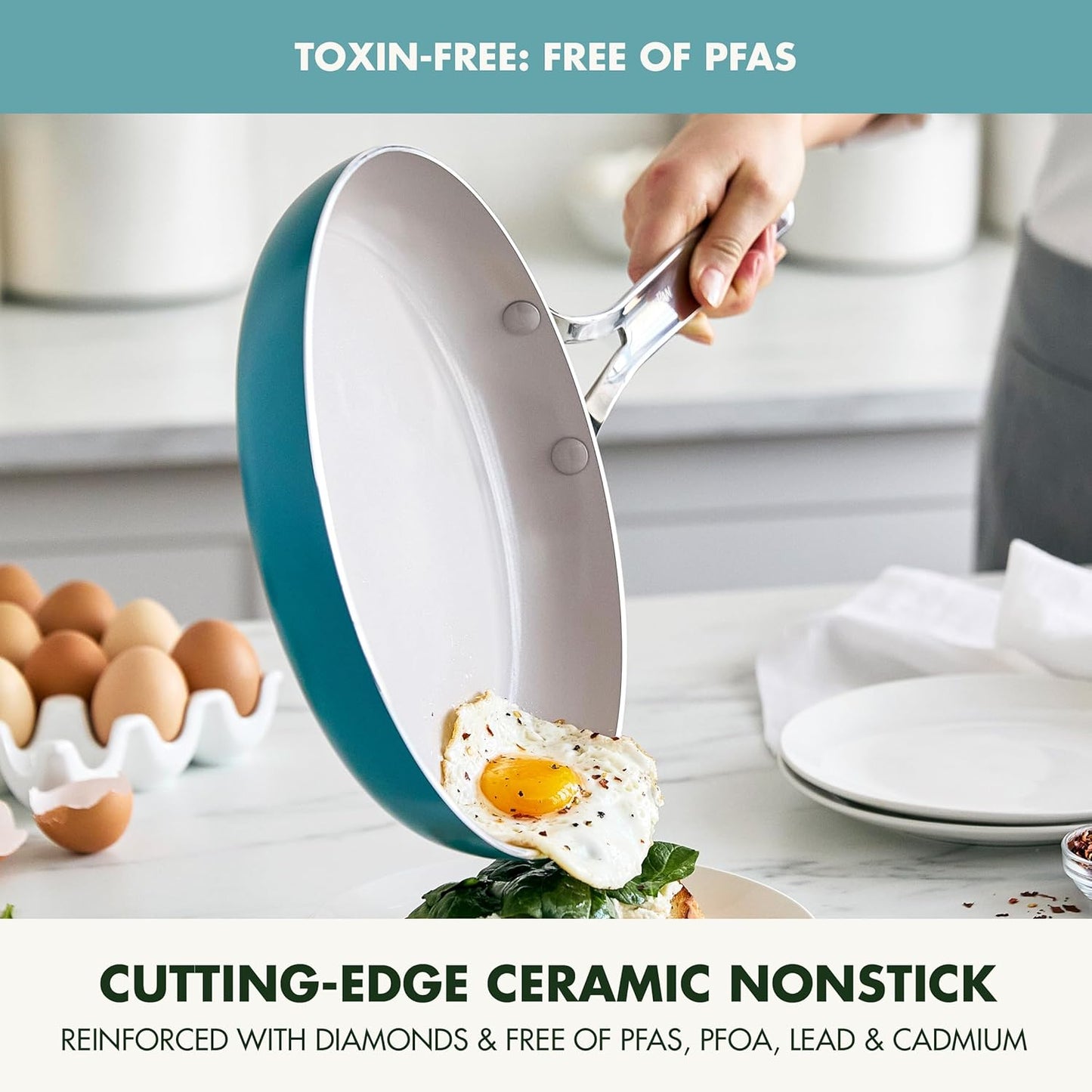 GreenPan Nova 10-Piece Cookware Pots & Pans Set, Oprah’s Favorite Things 2024, PFAS-Free Ceramic Nonstick, Fry, Sauté, Stockpot, Utensils, Lids, Induction Suitable, Dishwasher & Oven Safe, Deep Teal