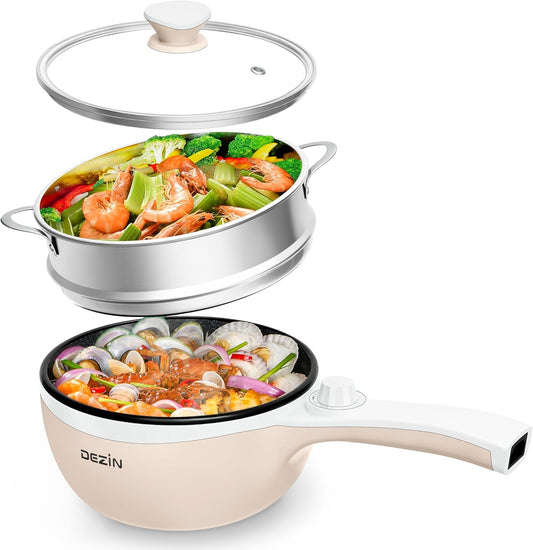 Dezin Hot Pot Electric with Steamer Upgraded, Non-Stick Sauté Pan, Rapid Noodles Electric Pot, 1.5L Mini Pot for Steak, Egg, Fried Rice, Ramen, Oatmeal, Soup with Power Adjustment