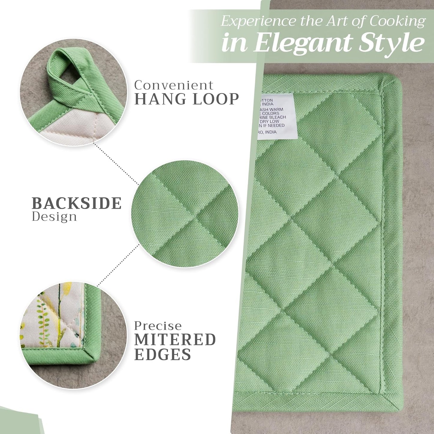 Maison d' Hermine Pot Holders set 100% Cotton Heat Resistant Potholders 8" x 8" Hot Pads with Loop BBQ, Cooking, Baking, Grilling, Kitchen, Handling Hot Pans Spring/Summer (Pack of 2, Botanical Fresh)