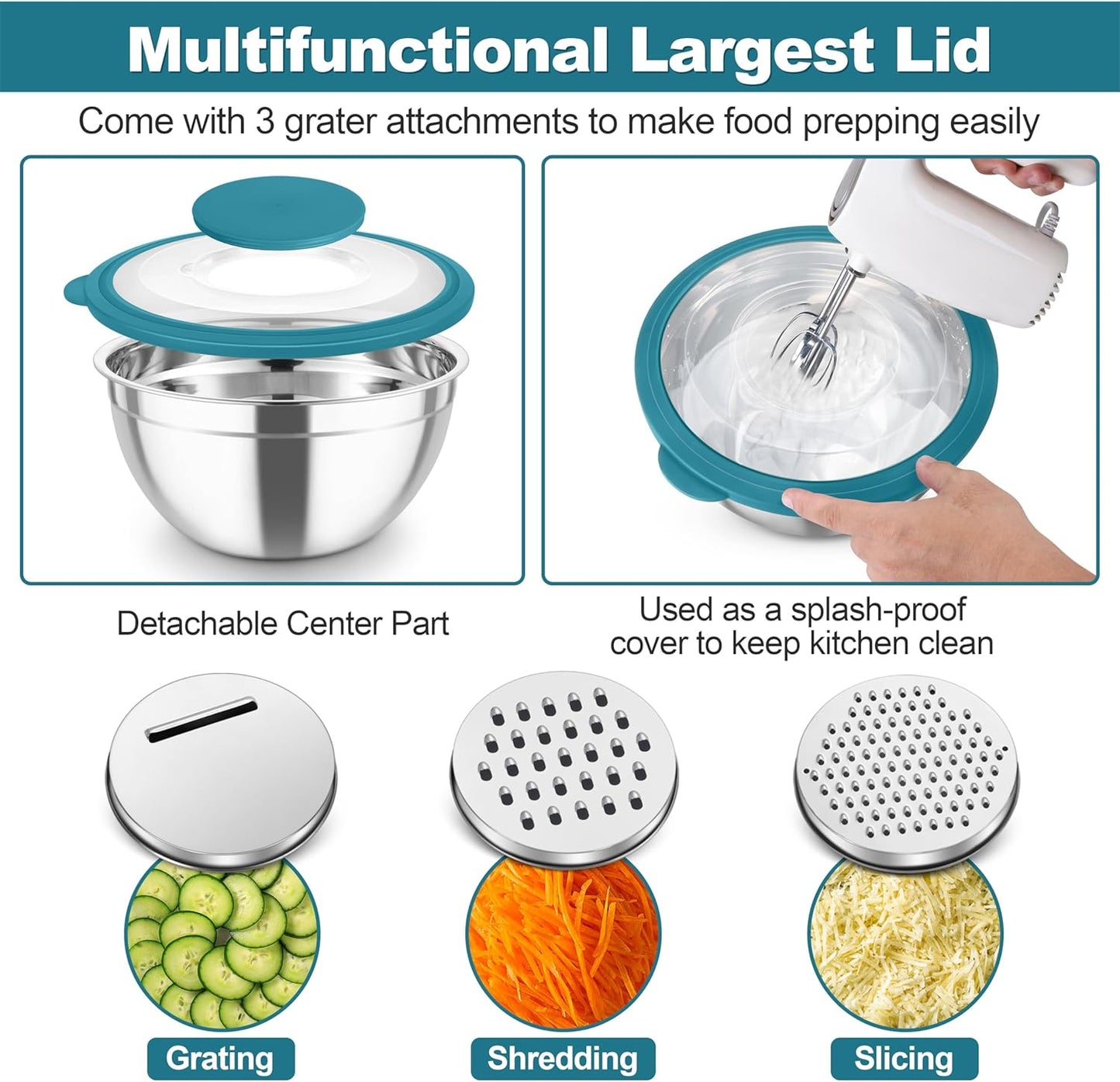 TeamFar Mixing Bowls, Stainless Steel Salad Serving Bowl with Clear Lids & 3 Graters, For Kitchen Cooking Prepping Storing, Size 4.6/2.6/1.5/1/0.7 QT, Nesting & Airtight, Set of 5 & Blue
