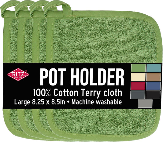 RITZ Terry Potholder & Hot Pad: Unparalleled Heat Resistant, Durable 100% Cotton – Ergonomically Designed for Optimal Grip – Easy-Care Machine Washable – 4-Pack, Cactus Green