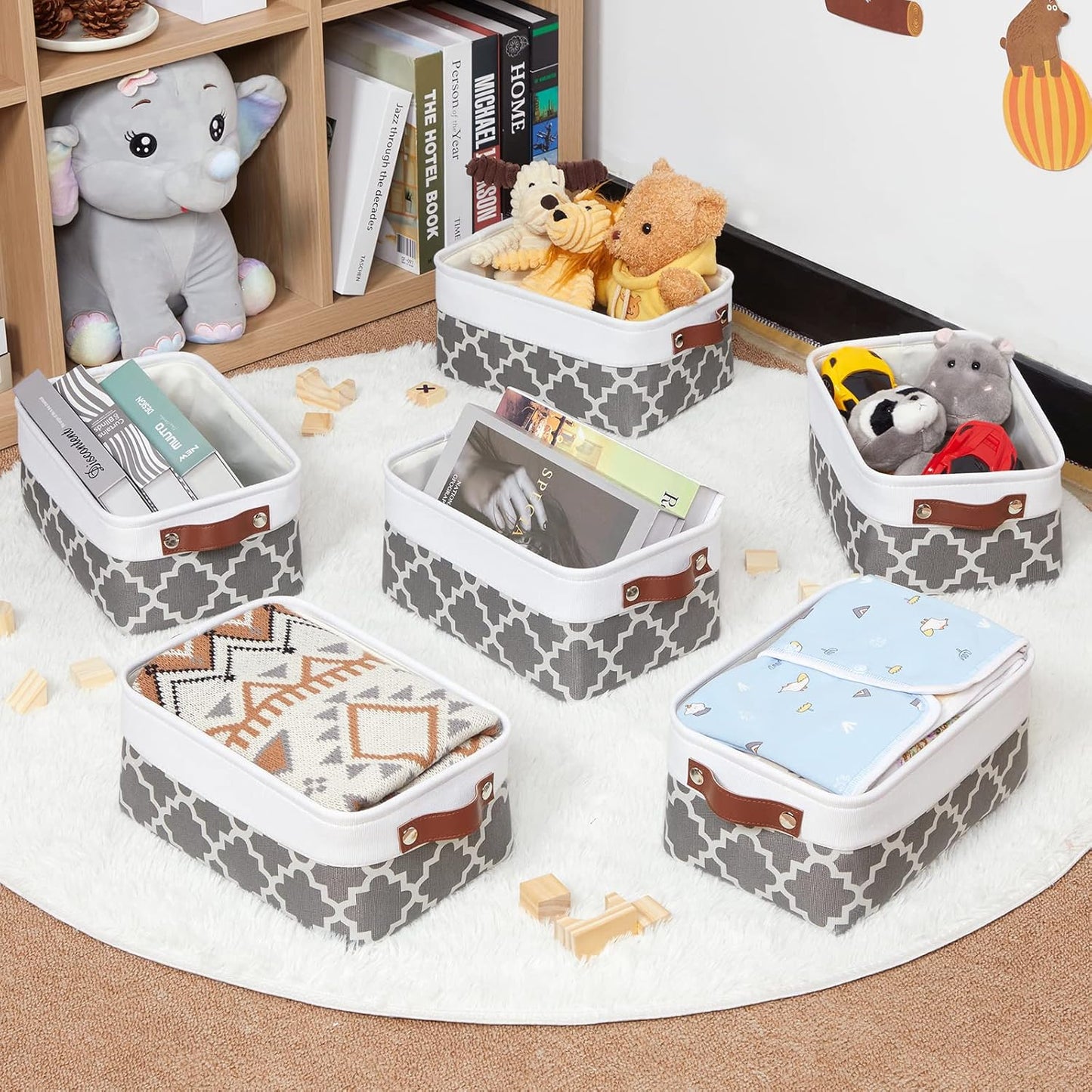 HNZIGE Small Baskets Fabric Storage Baskets(6 Pack) Storage Bins with Leather Handles Empty Gift Basket Decorative Storage Baskets for Shelves, Baby Clothes Toys(Pattern&White,11.8" x 7.8" x 5.1")