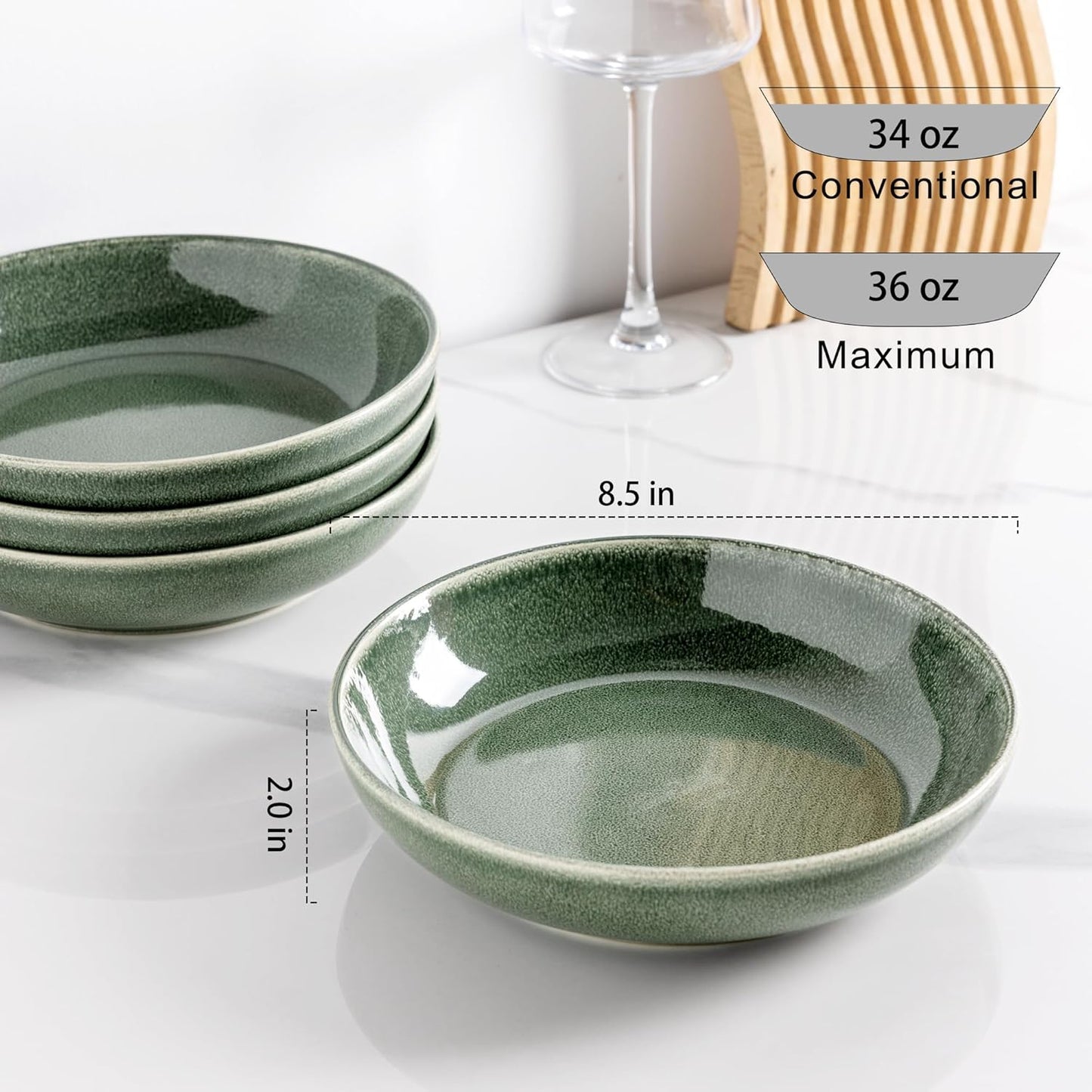 AmorArc 8.5'' Large Ceramic Pasta Bowls Set, 36oz Stoneware Bowls Set of 6 for Kitchen, Reavtive Glaze Bowls-Microwave,Dishwasher Safe-for Pasta,Salad,Oatmeal-Jade Green