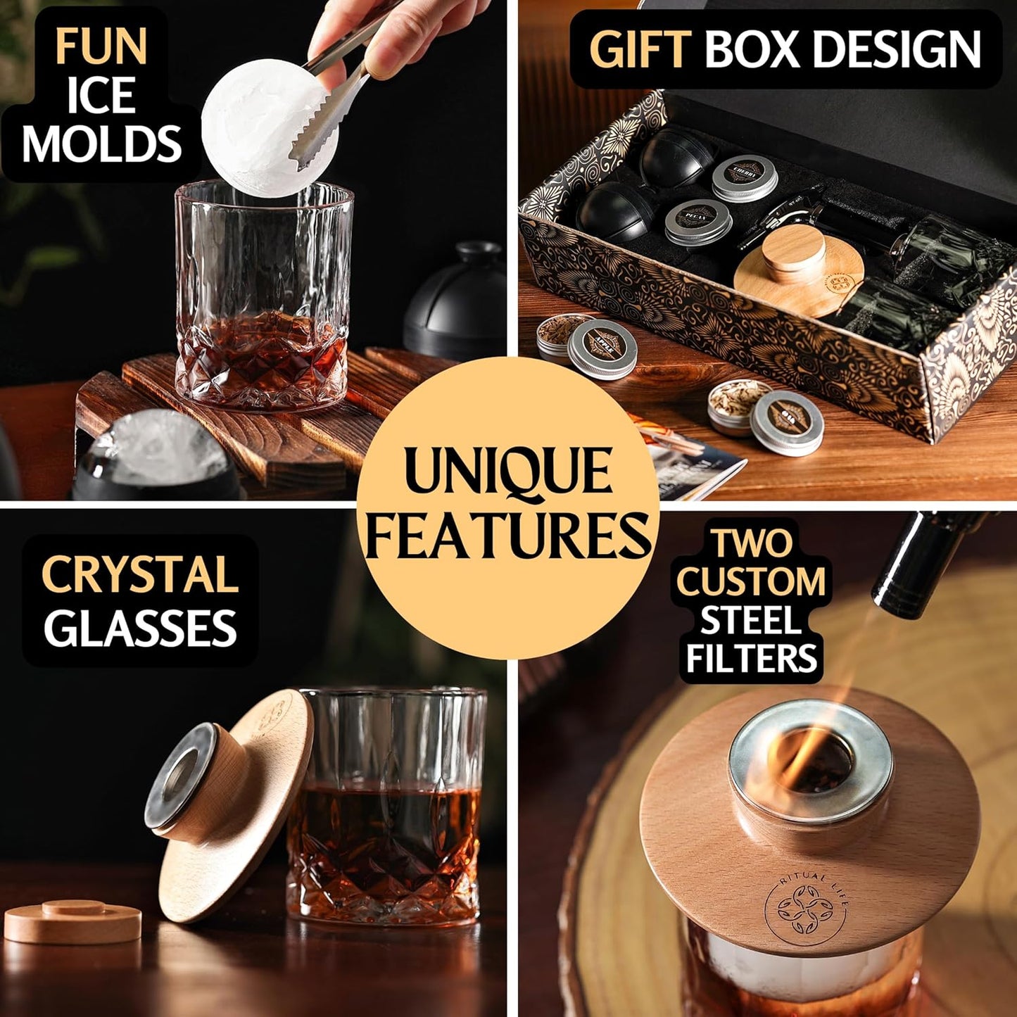 Whiskey Smoker Kit - Cocktail Smoker Kit with Torch, 2 Whiskey Glasses, 2 Ice Ball Makers, 6 Flavors Wood Chips - Old Fashioned Smokers - Bourbon Drink Smoking Set - Whiskey Accessories Gifts for Men