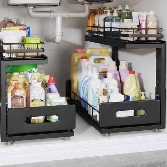 2 Pack 18 IN Depth Under Sink Organizer with Smooth Ball Bearing Slides,2-Tier Pull Out Cabinet Storage,Slide Out Drawers for Bathroom&Kitchen,Rust-resistant Coating,Height Adjustable-Black