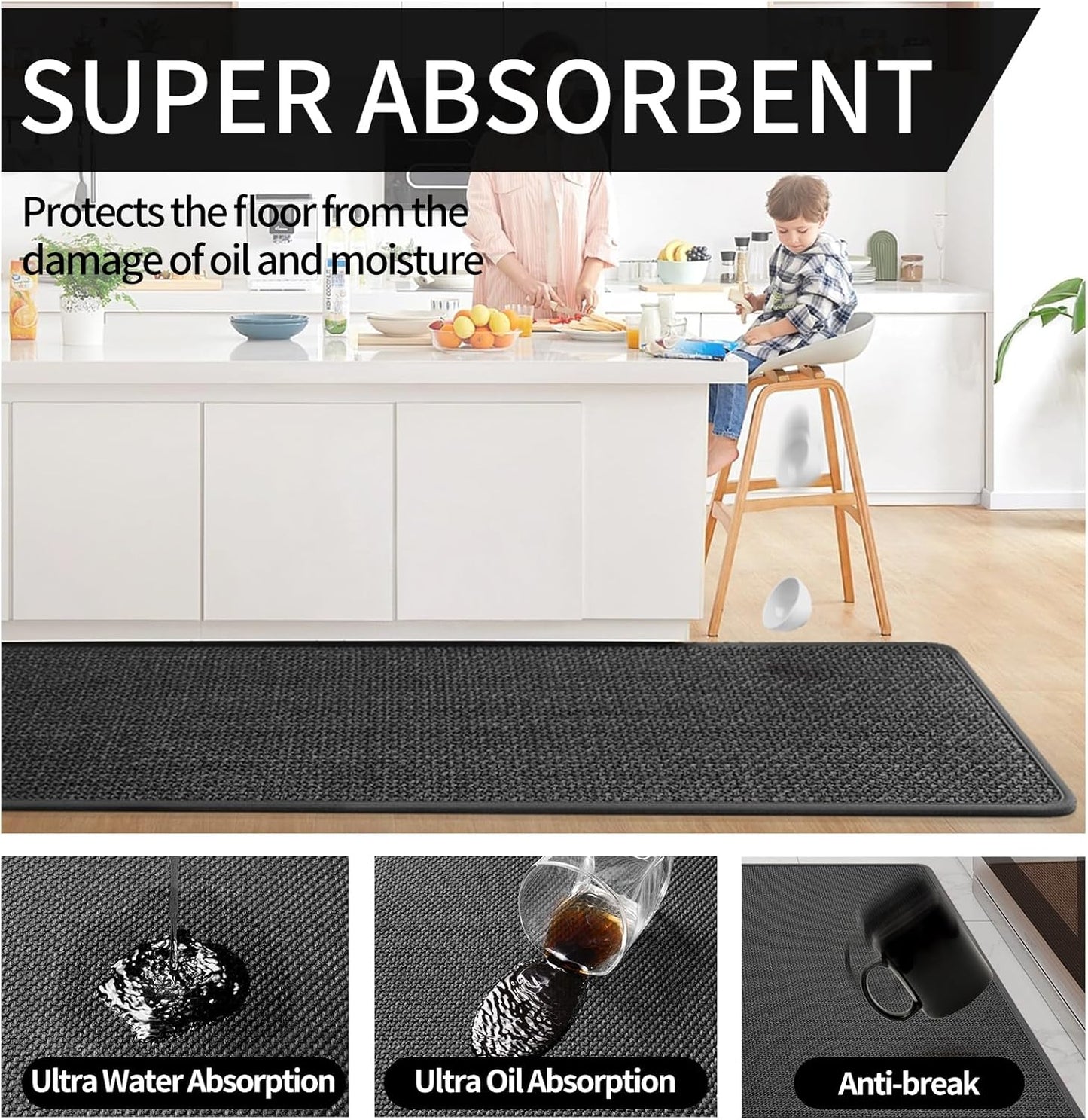Kitchen Mats for Floor, Super Absorbent Kitchen Rugs Non Slip Washable, Soft Imitation Linen Braided Kitchen Runner Rug, Standing Mat Kitchens Sink Mat, Easy to Clean, Black 17x30
