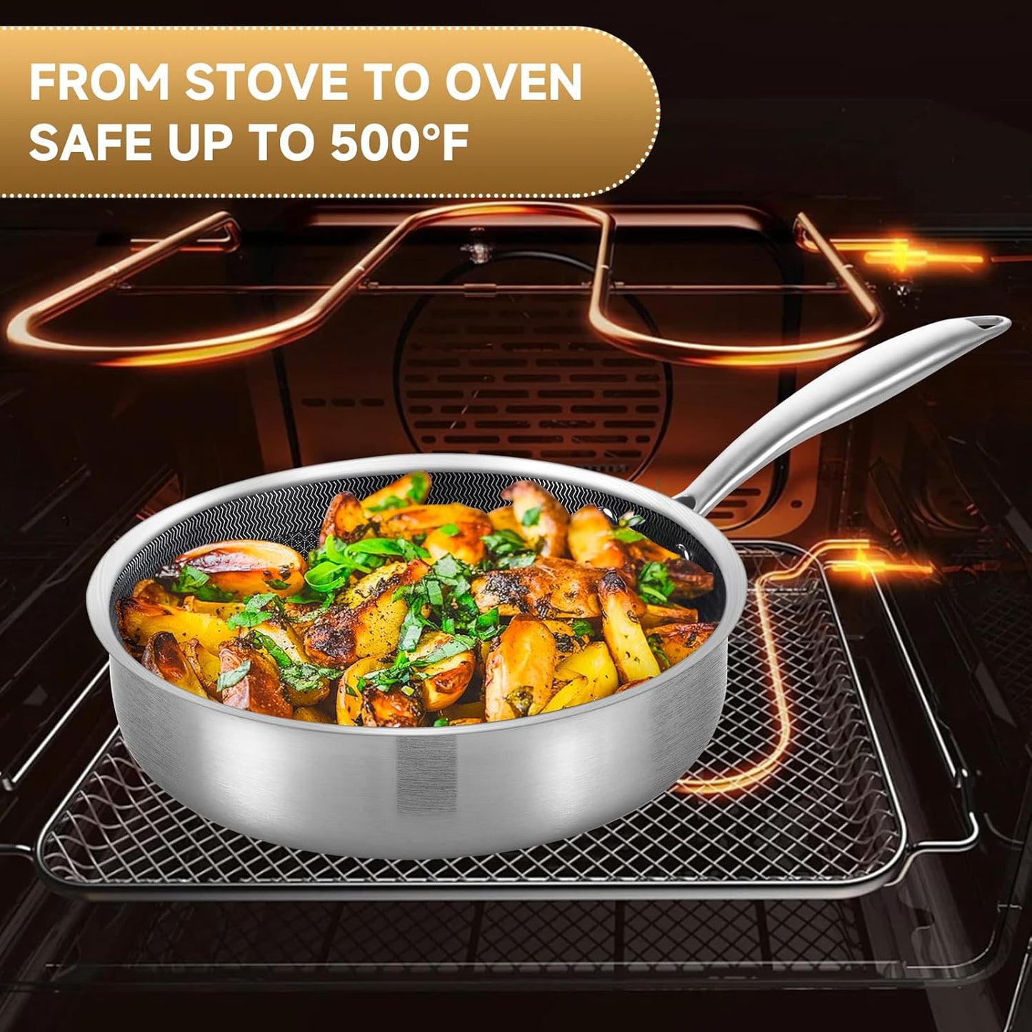 LOLYKITCH 3 Quarts Hybrid Stainless Steel Nonstick Sauté Pan,Skillet,10 Inch Induction Deep Frying Pan,Dishwasher and Oven Safe,Riveted Handle.