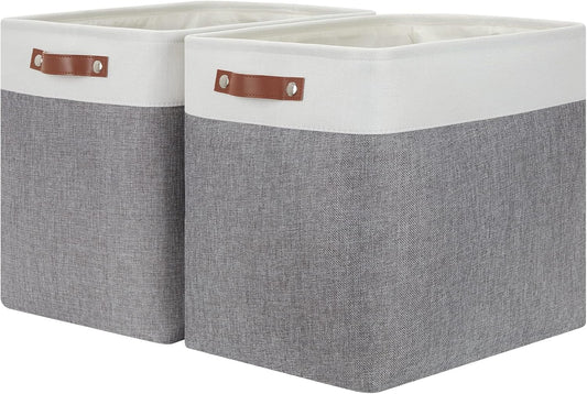 HNZIGE Large Storage Baskets Rectangular Storage Bins Baskets for Organizing [2 Pack] Tall Shelf Baskets with Handles, Decorative Organizer for Storage Home, Closet (White Grey)