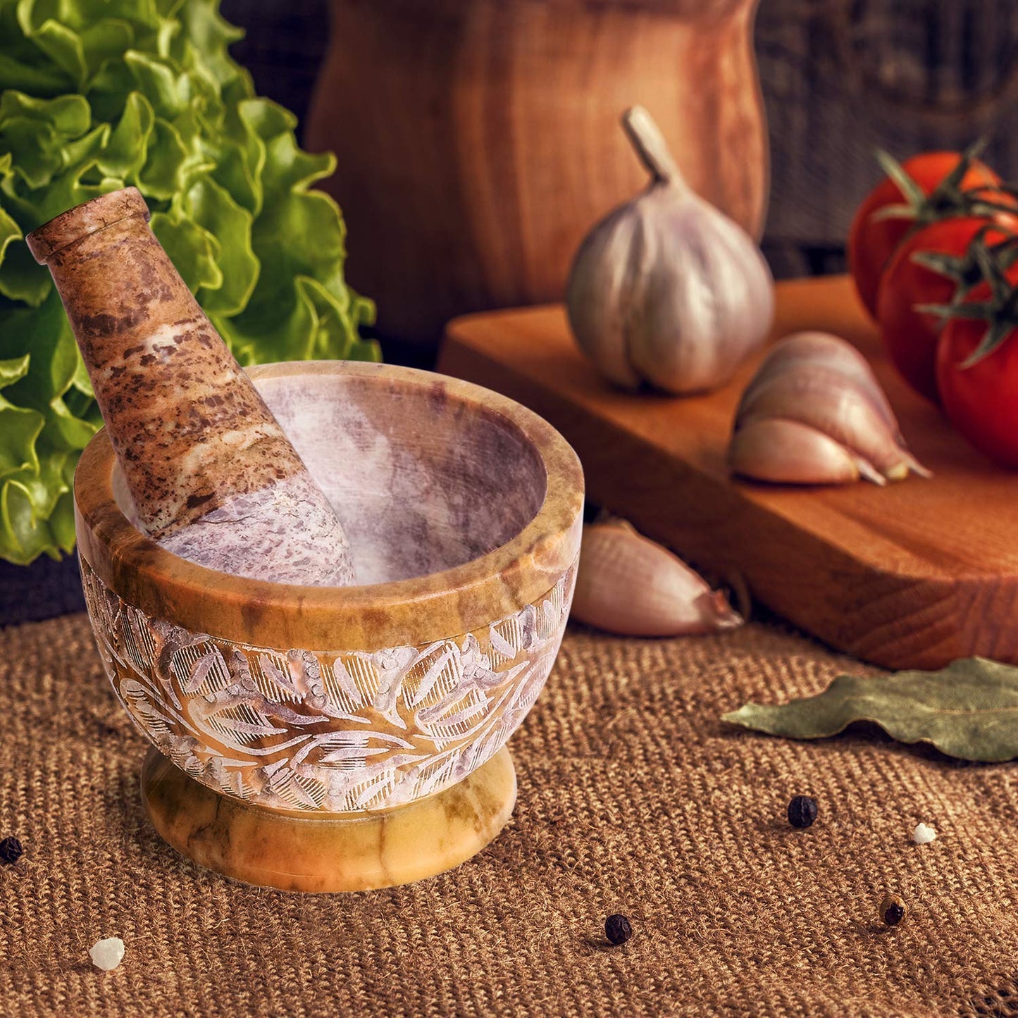 Mortar and Pestle, Made of Heavy Duty Polished Hard Stone, Natural Stone Grinder for Spices, Pastes, Herbs, Seasoning etc. (Mix Color with Engraving)