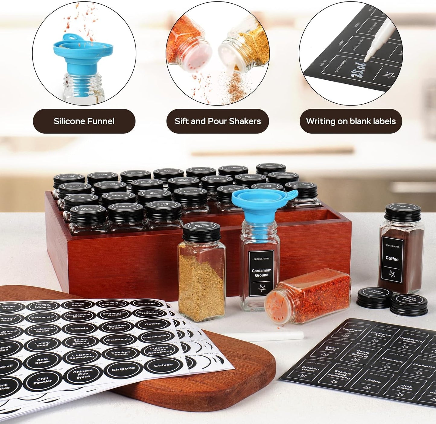 Bamboo Spice Rack Organizer with 28 Spice Jars, 780 Labels, 4 Tier Wood Hanging Shelf, Chalk Marker and Funnel Set for Drawer Cabinet Kitchen Countertop Wall Mount, Empty 4 oz Glass Jars-Cherry Stain