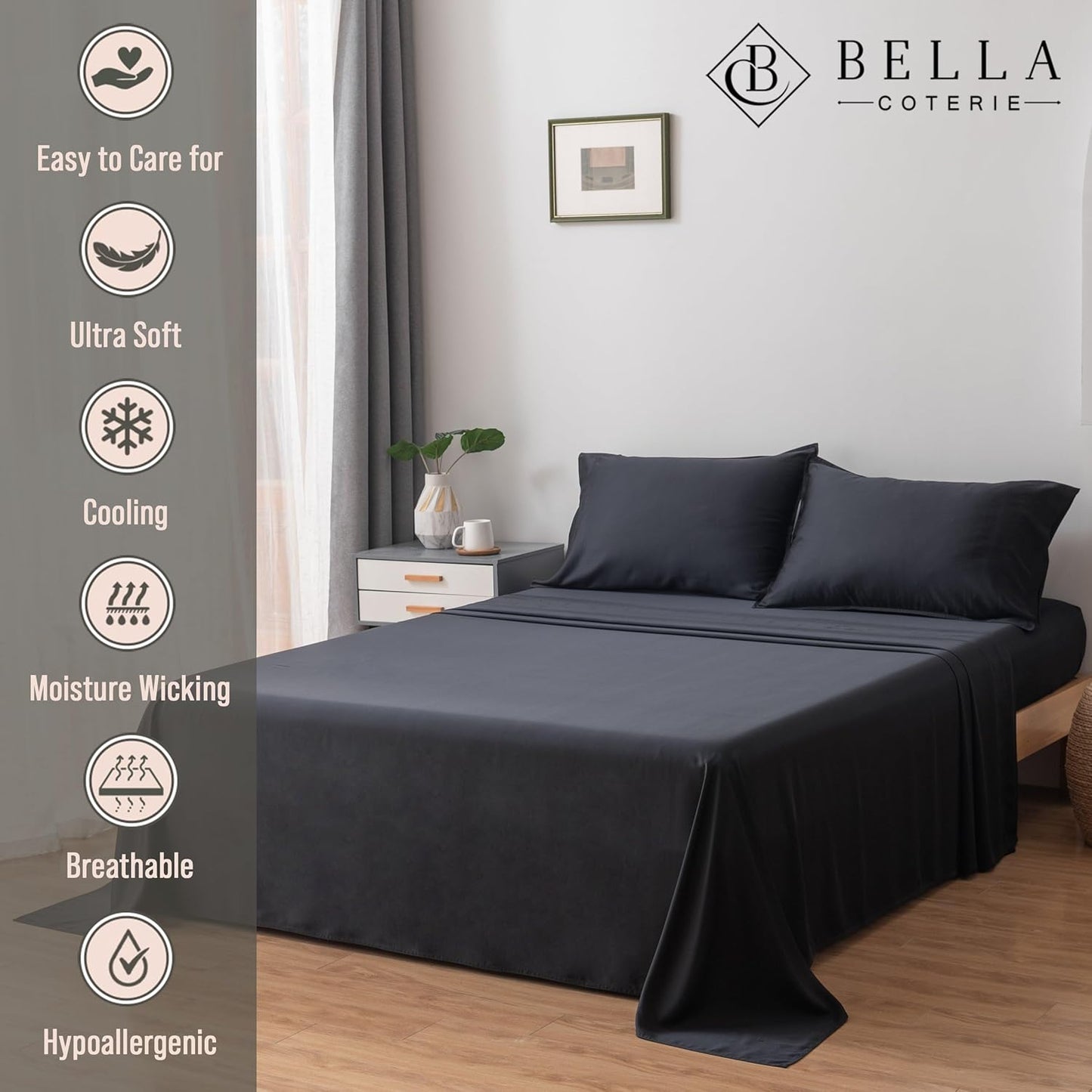 Bella Coterie Luxury Bamboo Viscose Split King Size Sheet Set | 100% Organically Grown | Ultra Soft | Cooling for Hot Sleepers | 18" Deep Pocket [Black]