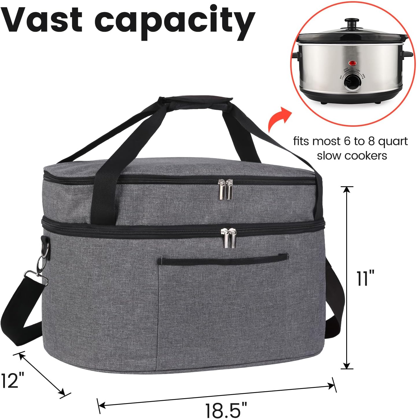 MUSBUS 2 Layer Slow cooker bag for Crock-Pot 6-8 quart, Travel reunionc outdoor, Easy to transport Insulation water proof easy cleaning to carry, Family Gathering Potluck, Gift for Women - Grey