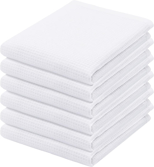 PurpleEssences Waffle Weave Kitchen Towel, 100% Cotton - 15 x 25 Inches, with Hanging Loop Ultra Soft Absorbent Quick Drying Dish Cloth, Tea and Hand Towels, 6 Pack - Spring Summer - White