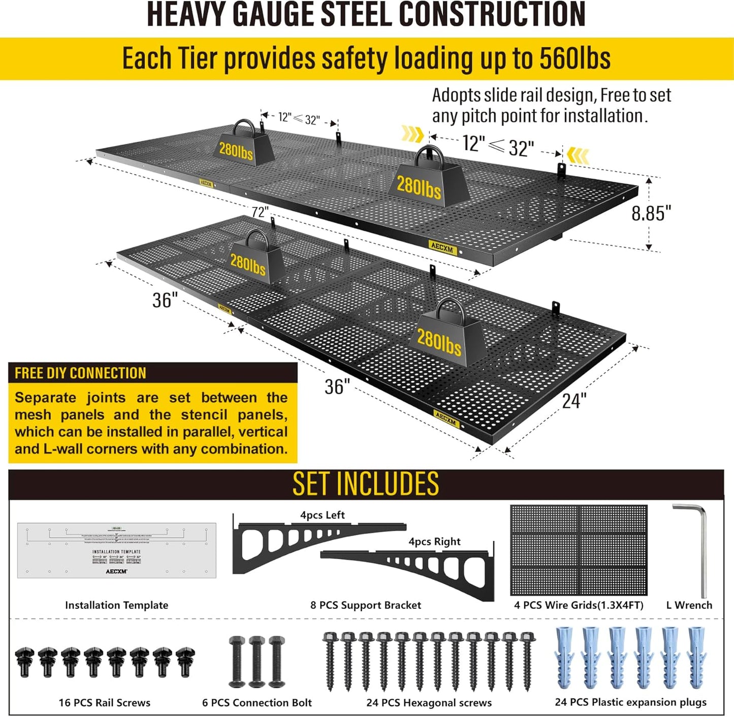 4-pack 2x3ft Adjustable Garage Wall Shelving 1120lbs Load Capacity Heavy Duty Wall Mounted Storage Shelf Metal Floating Shelves for Garage(Black)