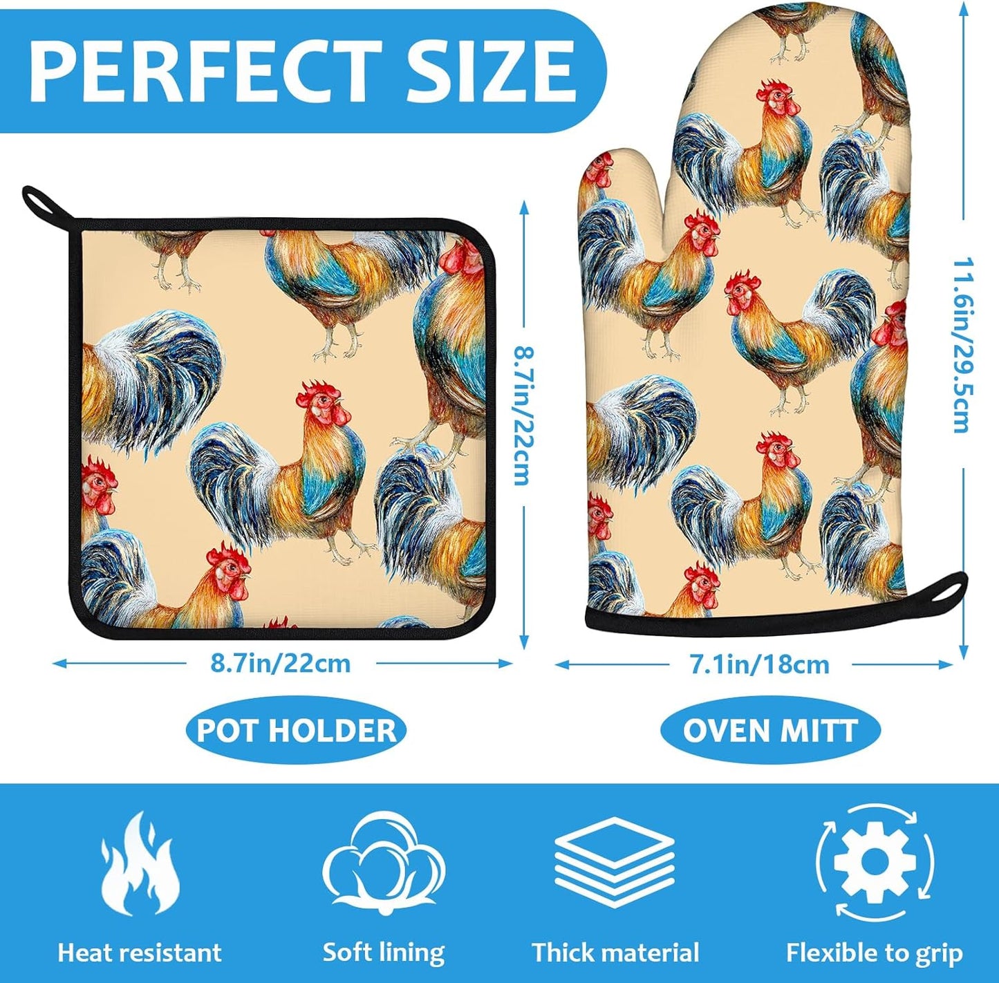 Watercolor Rooster Oven Mitts and Pot Holders Sets Heat Resistant 4Pcs Potholders Oven Gloves Hot Pads for Kitchen Baking Cooking Grilling BBQ