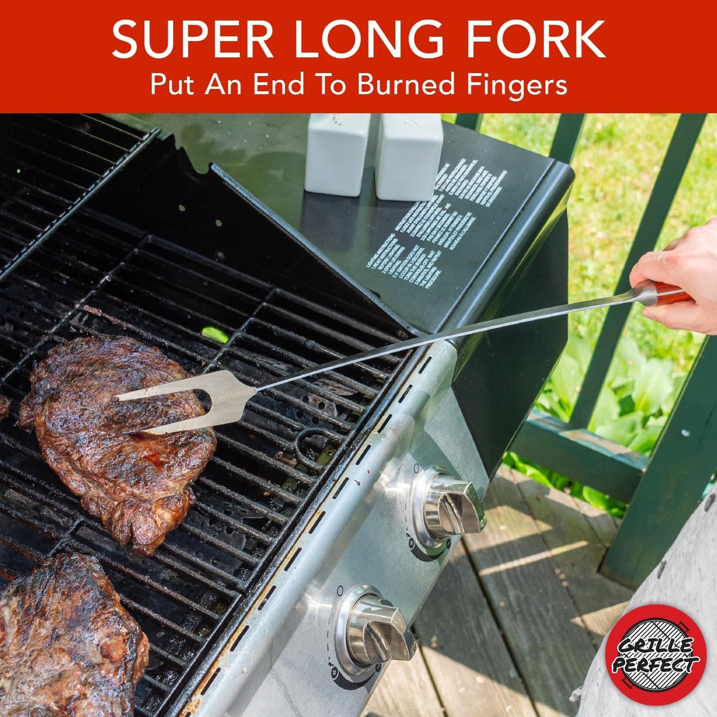 Grill Fork 24-inch Super Long for Grilling Barbecue Griddle and Fire Pit Extra Strong Curved Neck Premium Hardwood Handle Large Stainless Steel Tines for BBQ Outdoor Kitchen and Grilled Food