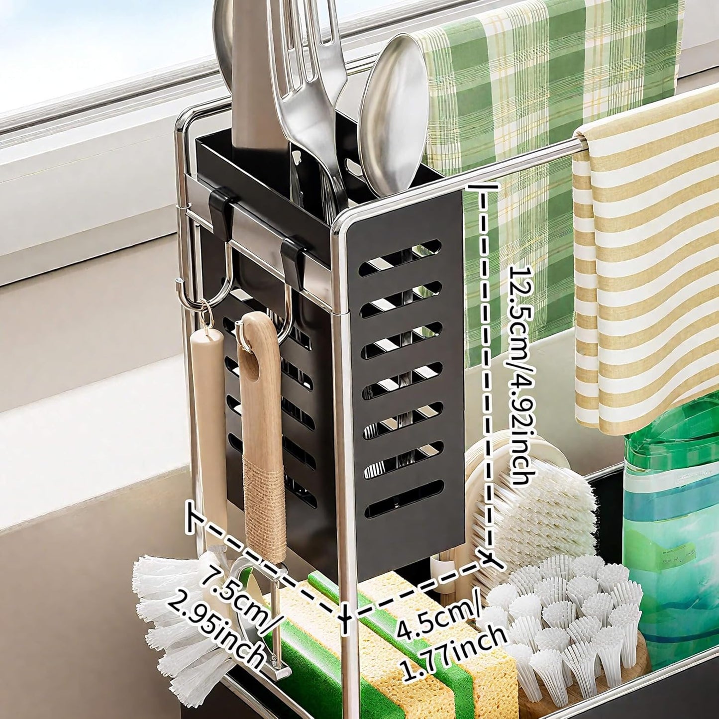 MOUKABAL Sponge Holder for Kitchen Sink, 2-Tier Sink Caddy Organizer with Drain Holes and Hooks, Holds Dishcloth, Sponge & Brushes, Kitchen Countertop Storage for New Home Essentials Black