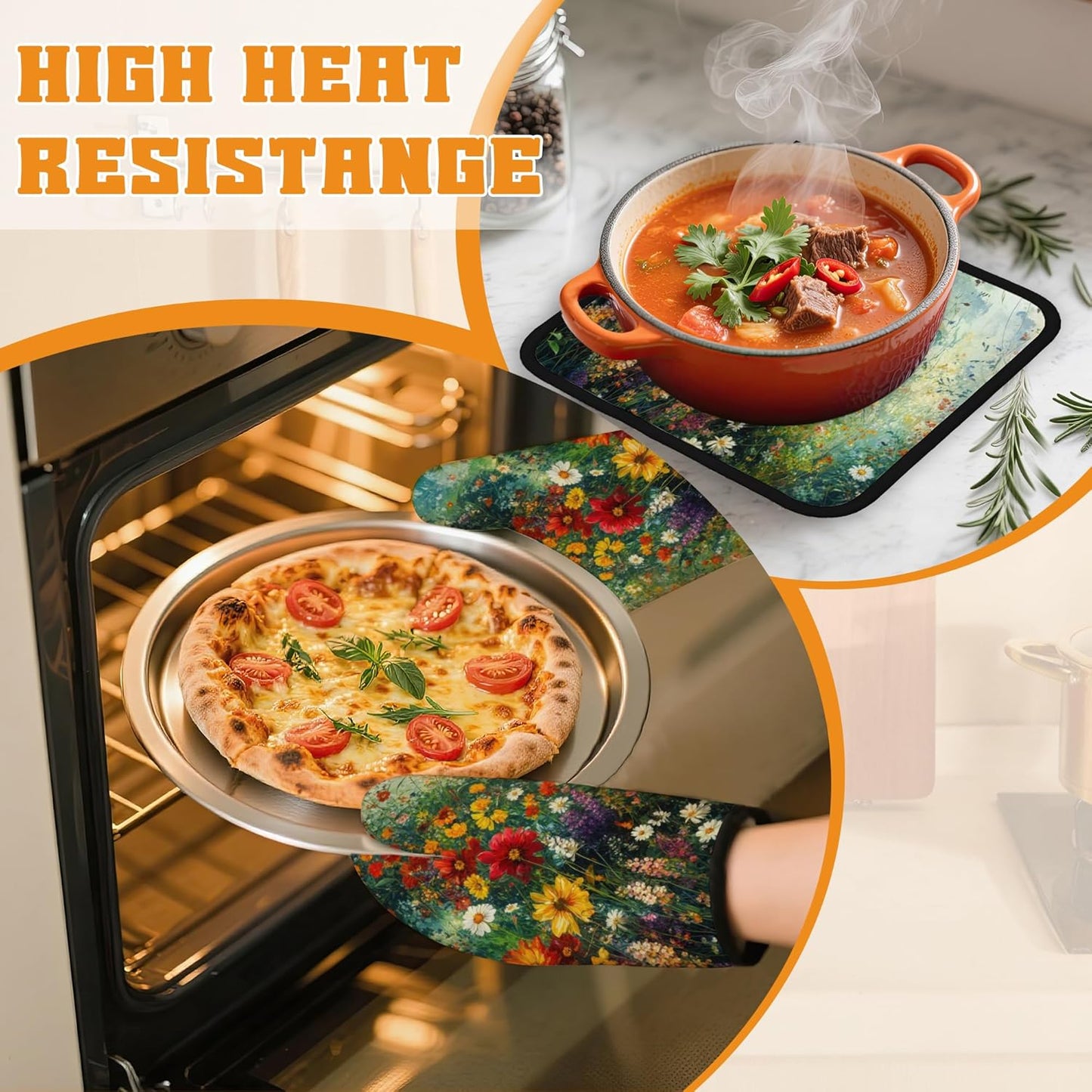 Vintage Flower Fields Oven Mitts and Pot Holders,Heat Resistant Oven Mitts Gloves and Pot Holder for Home Kitchen Decorations Cooking Baking BBQ Gifts,Set of 4