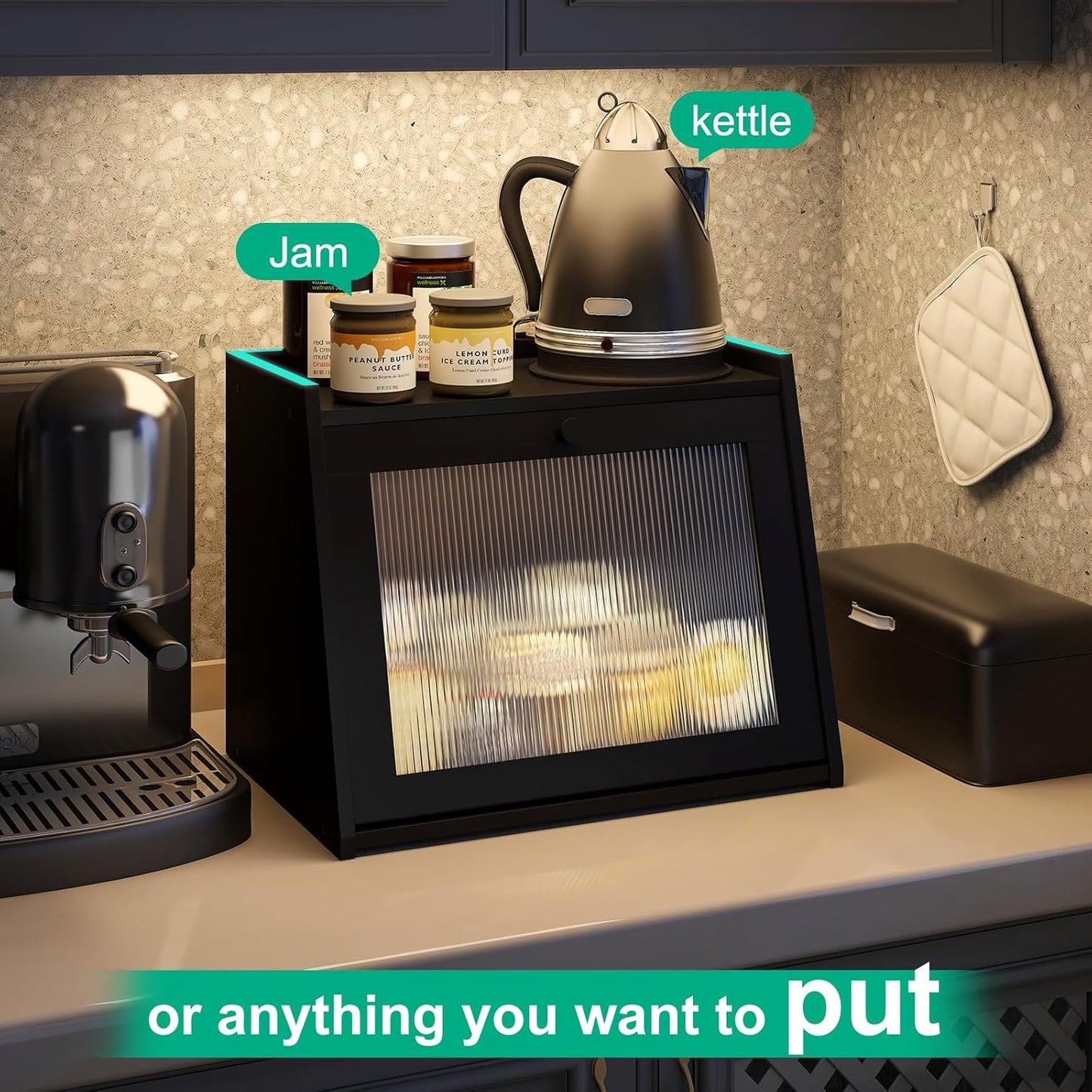 Large Bread Box for Kitchen Counter, Black Bamboo Bread Storage Container with Wavy Arcylic Transparent Door, Bamboo Wooden Farmhouse Bread Box for Your House